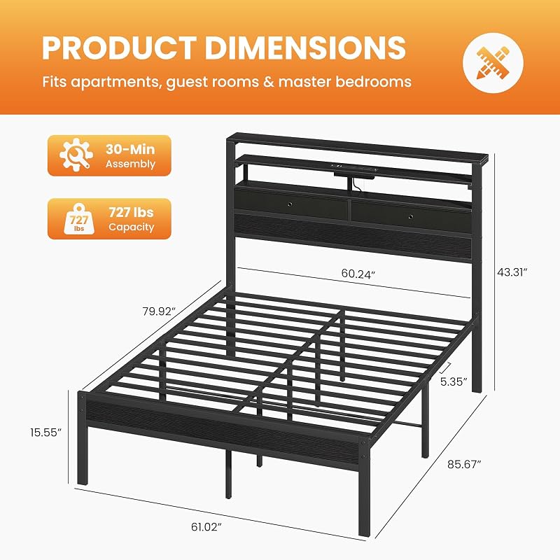 Sweetcrispy Queen Bed Frame with LED Lights and Charging Station, Platform Bedframe with Storage Drawers, 3-Tier Shelves and Under Bed Storage, No Box Spring Needed for Bedroom Furniture, Black image 2