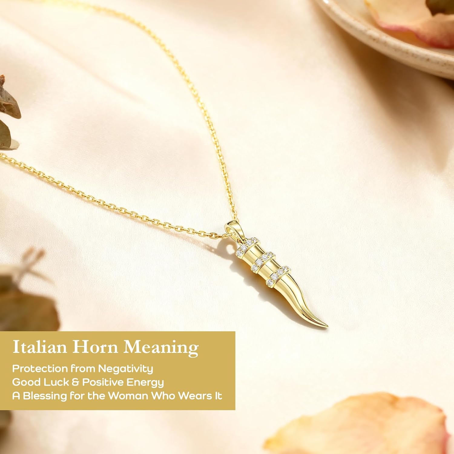 Italian Horn Necklace for Women, 925 Sterling Silver 14K Gold Plated Cornicello Protection Pendant with Cubic Zirconia, Lucky Charm Jewelry Gift for Her - Image 3