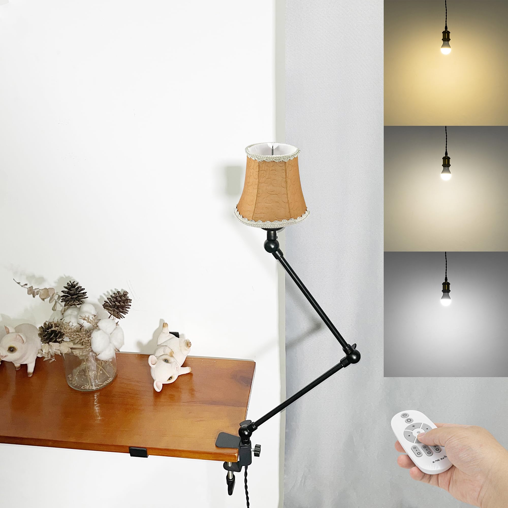 Klemmleuchte mit Fernsteuerung,1 Packung Leselampe mit 2,5 m Kabel, Dimmbar Nachttischlampe,Augenpflege Schreibtischlampe für Büro Heimgebrauch, E27 Lampenhalterung - DZ0332/18