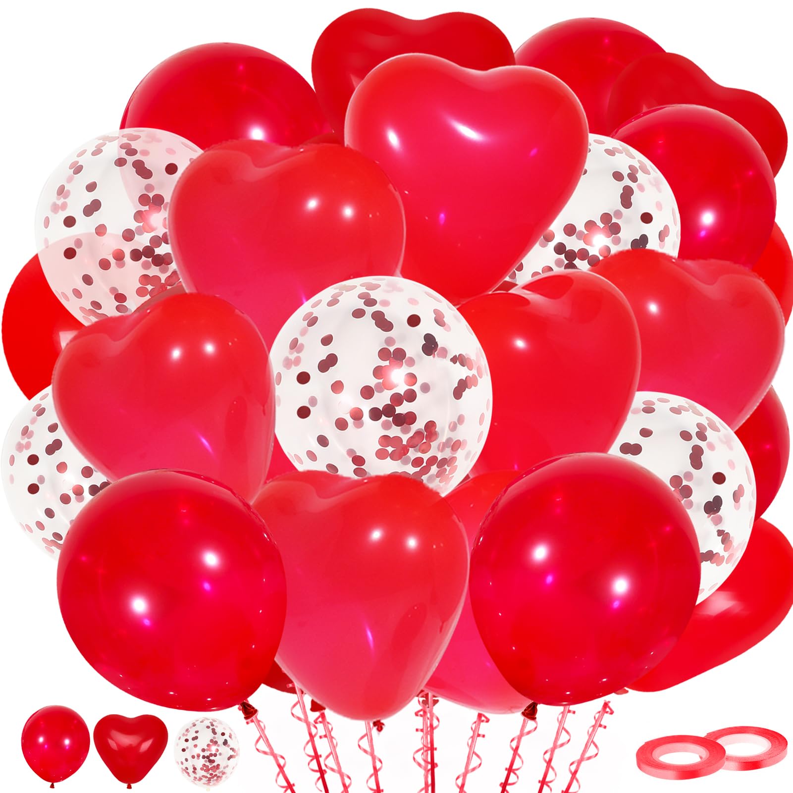 Rote Luftballons, 60 Stück, Latex-Herz- und Konfetti-Luftballons mit rotem Band für Geburtstag, Abschlussfeier, Babyparty, Valentinstag, Weihnachten, Hochzeit, Party-Dekorationen