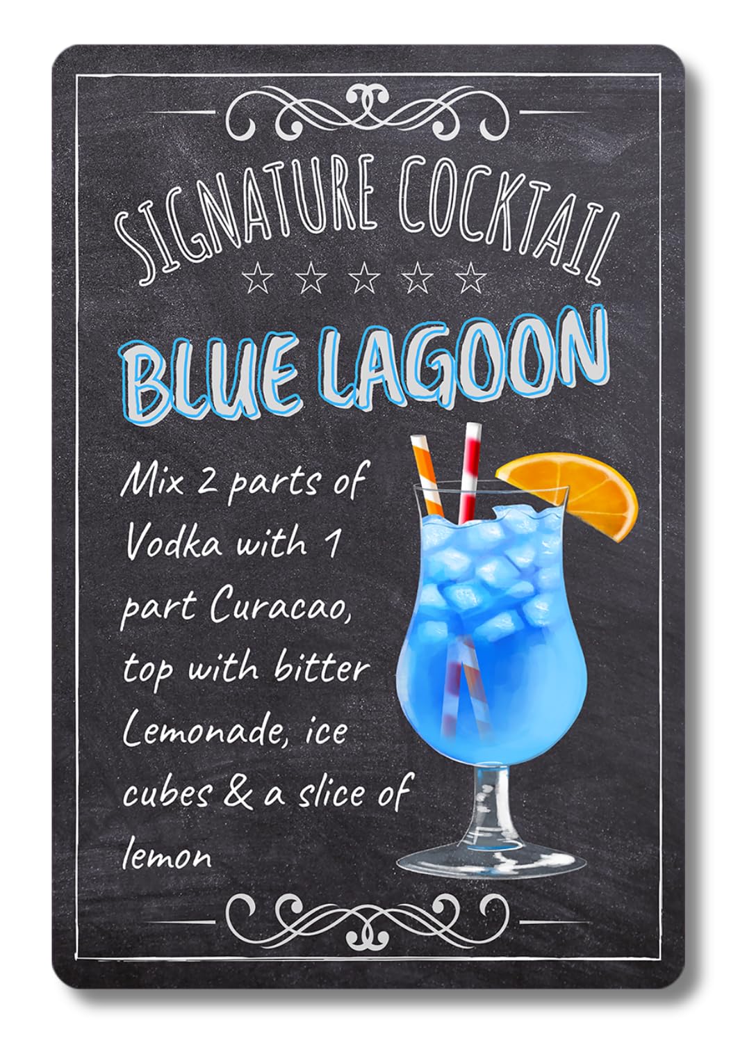 BAR SIGNS Classic Signature Cocktail Recipes Posters, Chalkboard Wall Art 20cm X 30cm for Home Decor, Pub, Tiki Bar, Kitchen, Restaurant (Blue Lagoon)
