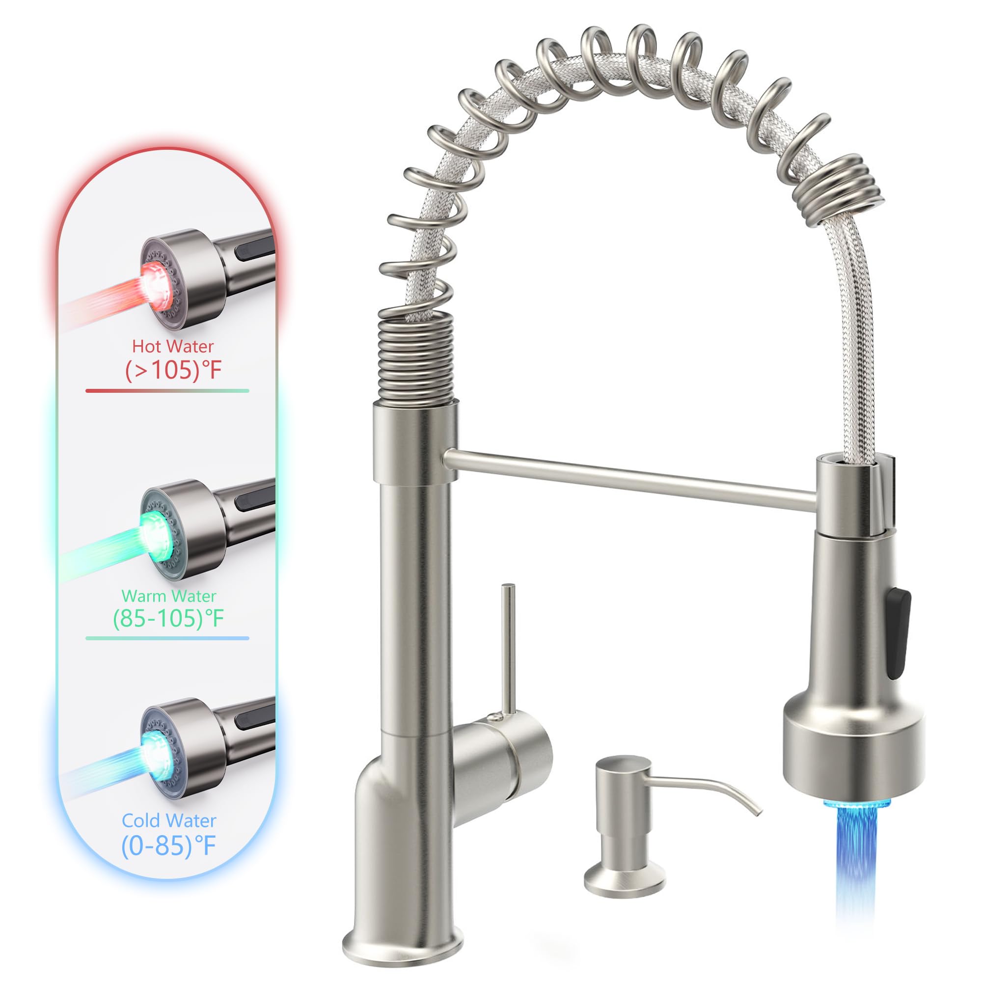 GIMILI Brushed Nickel Kitchen Faucet with Pull Down Sprayer with Soap Dispenser Single Handle LED Kitchen Sink Faucet