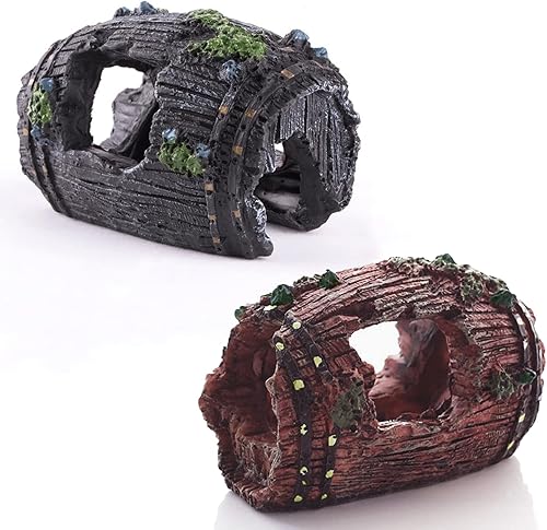 2 piezas de decoración de peceras de acuario de barril roto, cuevas de acuario, adornos temáticos para escondite de cuevas de peces, escondites de