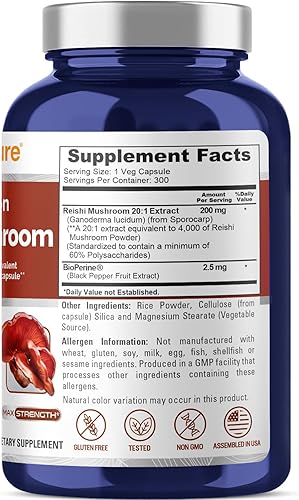 Miniatura 2 de NusaPure Extracto de hongo Reishi 201, 200 mg equivalente a 4000 mg por cápsula 300 cápsulas veganas veganas, sin OMG, vegano