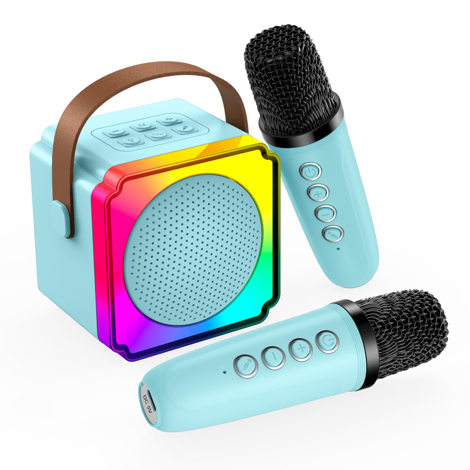 Karaoke Machine for Kids by MMOBIEL – Mini Karaoke, Portable Bluetooth Speaker, 2 Wireless Microphones, Adjustable LED-lights, Voice Changer – Party, Birthday Gift for Kids, Girls, Boys, Age 3+, Blue