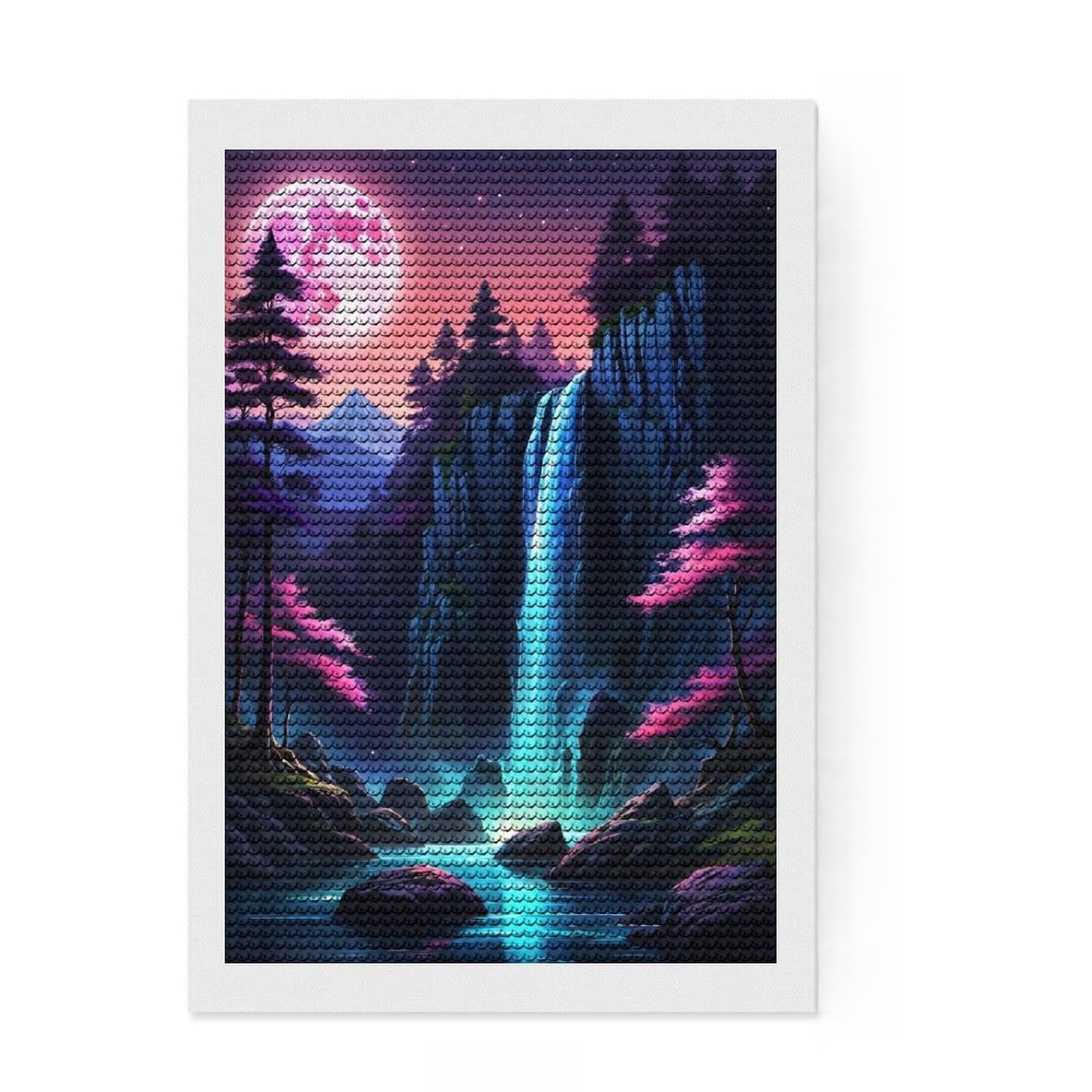 Junmoney Waterfall Night Atmosphere Diamond Painting Kit 8"x12", Complete Accessories, Sparkling Round Gems, Full Kit Included, Modern Decor