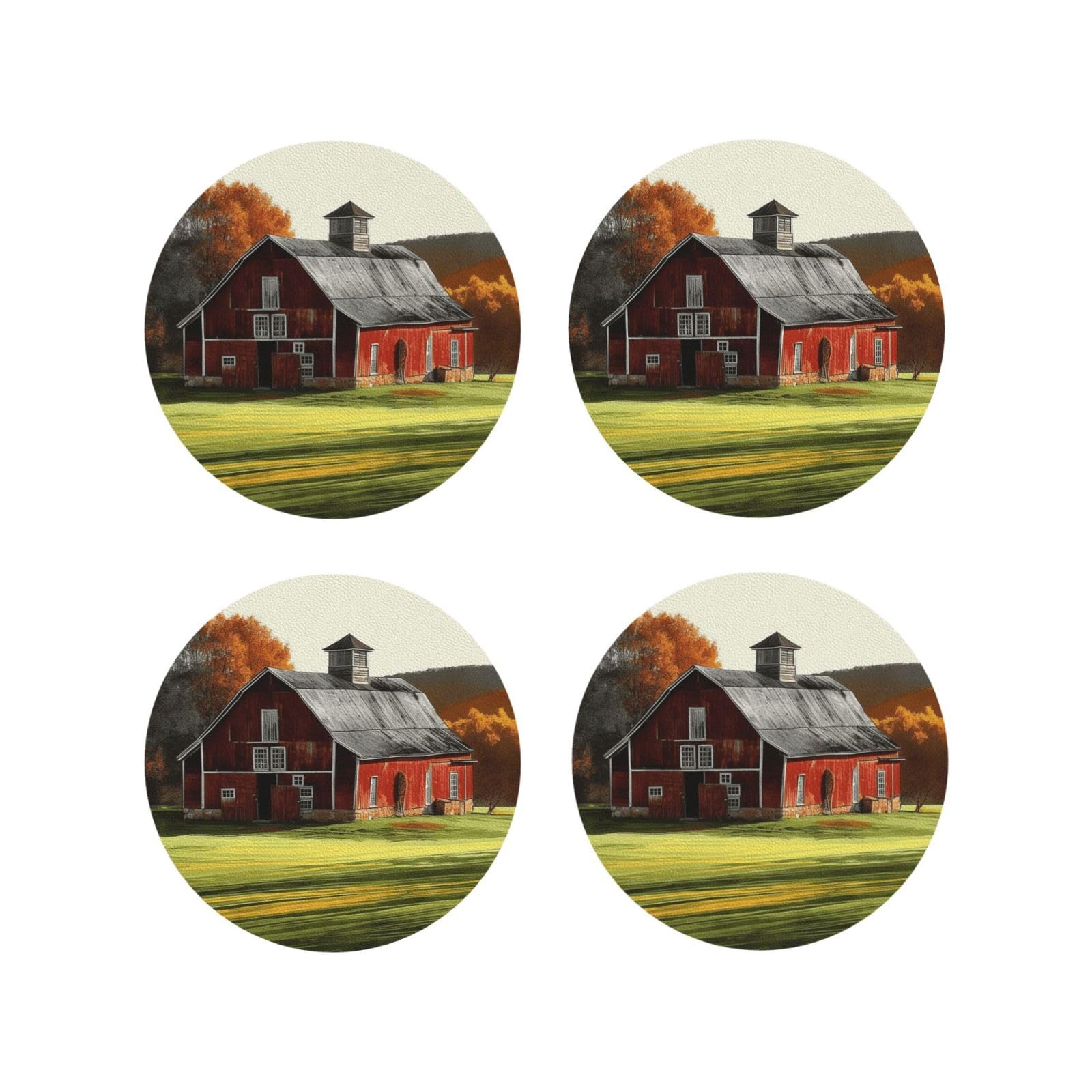 4Pcs PU Leather Coaster for Drinks, Barn Cup Coastersr 4" Cup Mat Pad, Aesthetic Drink Coasters for Coffee Table, Round Shape Coaster for Tabletop Protection
