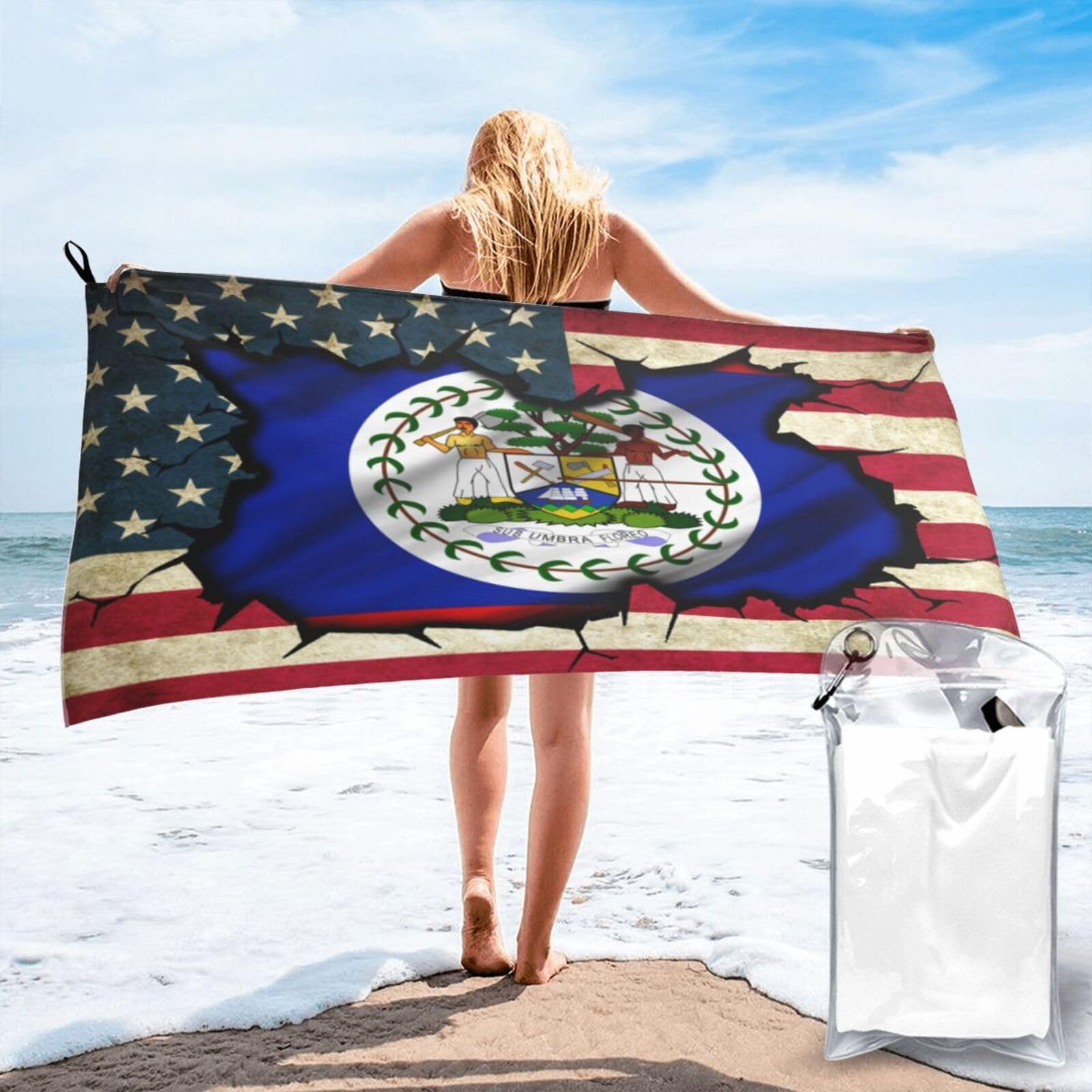 HACXZ Vintage America Flag and Belize Belizean Flag Absorbent Beach Towel Microfiber Beach Towel Lightweight 31.5"X63"