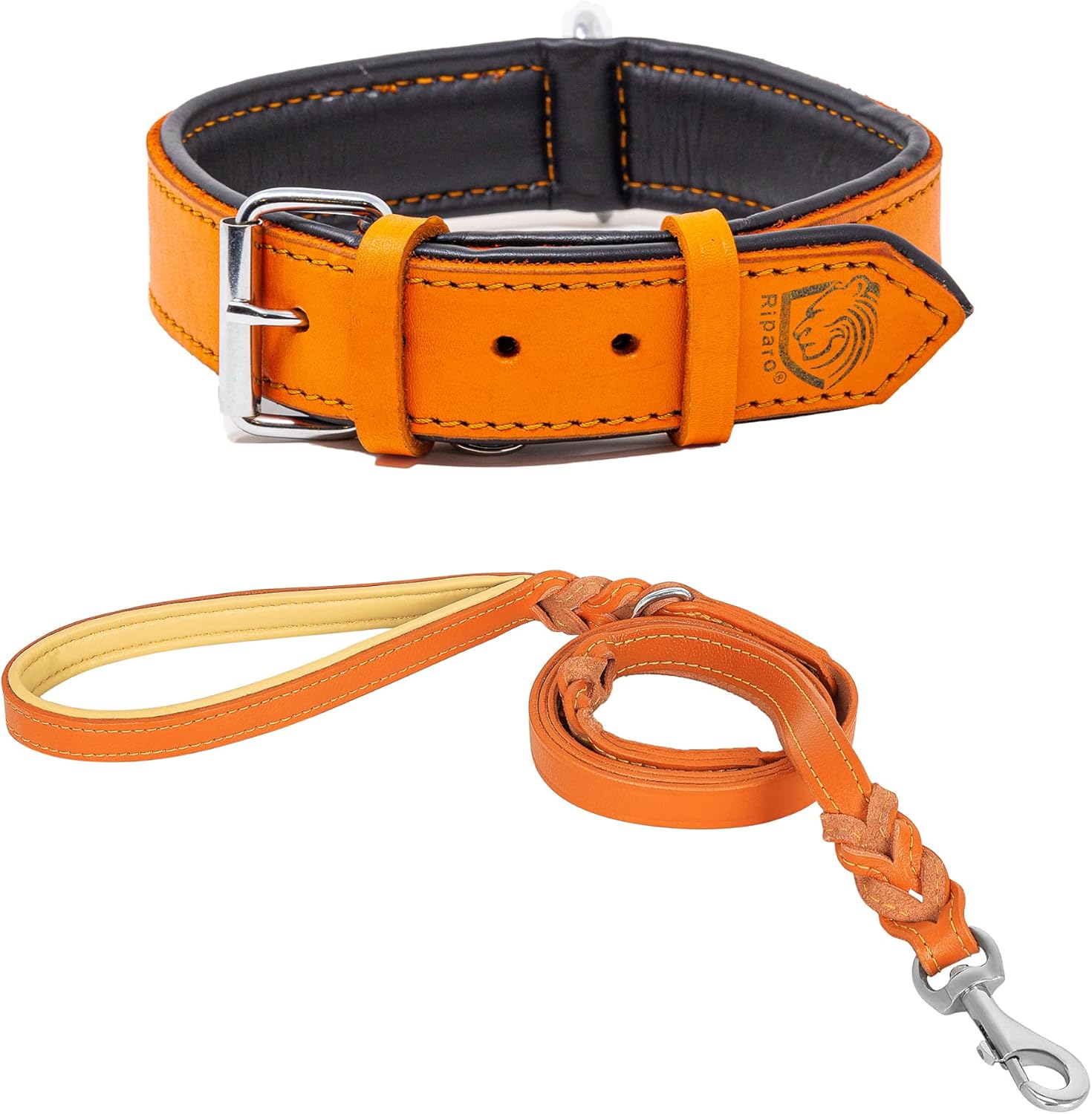 Riparo Leather Dog Collar and Leash Set - Double Handle Dog Leash 6 ft x 3/4" and Heavy Duty Wide Dog Collar for Large Dogs