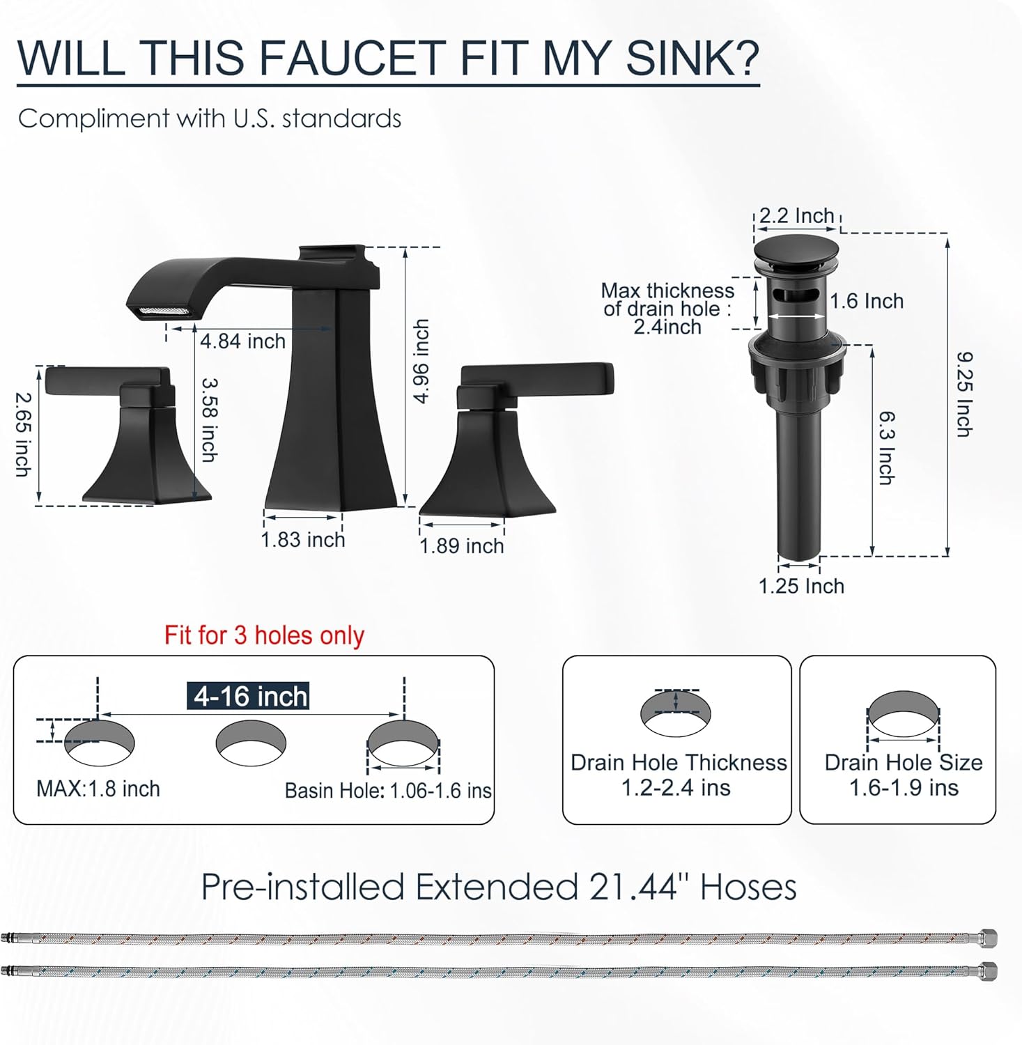 Matte Black Waterfall Bathroom Faucet 3 Hole, Brass 8 Inch Widespread Bathroom Sink Faucet Included Pop-Up Drain, 2 Handles & Pre-Connected cUPC Hose for Vanity, Modern Hollowed Design
