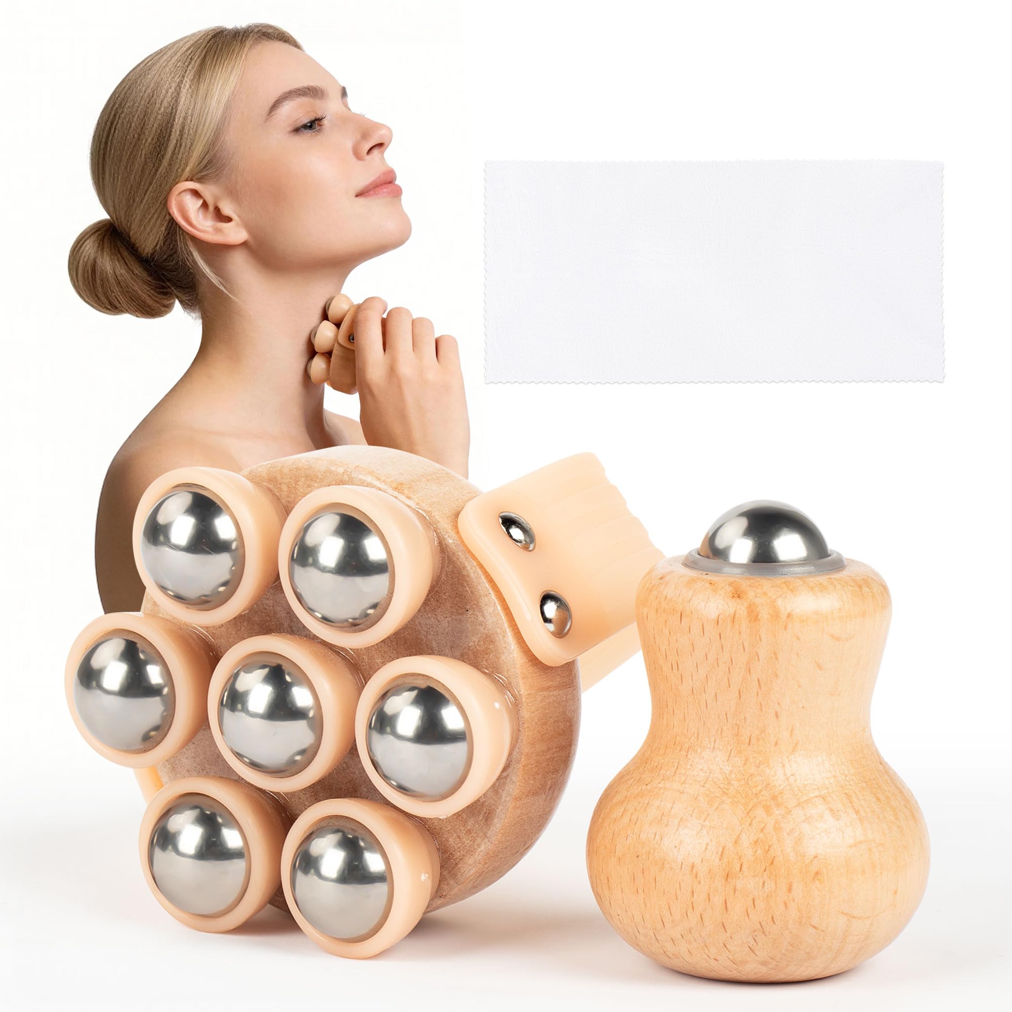 Lymphmassagegerät aus Holz mit Multi-Ball und Fingerball-Rollen, mit glatten 304 Edelstahl-Kugeln für Körperkonturierung, Cellulite, Durchblutung und Muskelentlastung, 2 Stück