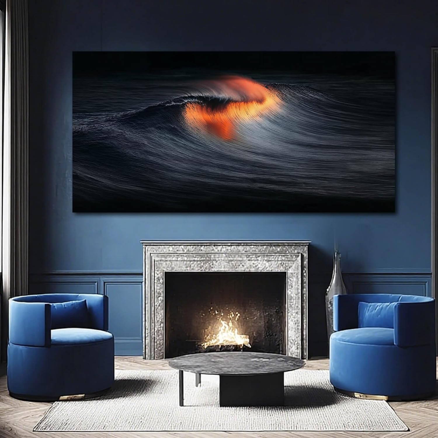 YETHEN WAL Black Ocean Wave Wall Art Glowing Sunset Canvas Prints Abstract Seascape Artwork for Living Room Bedroom Office Decor 29x58 Inch