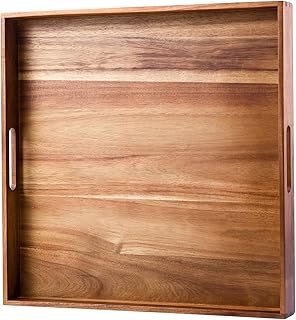 Serving Tray with Handles, 20 Inch Large Square Ottoman Tray Acacia Wood Decorative Tray for Living Room, Ottoman Coffee Table, Kitchen, Appetizers, Breakfast, Patio, Party