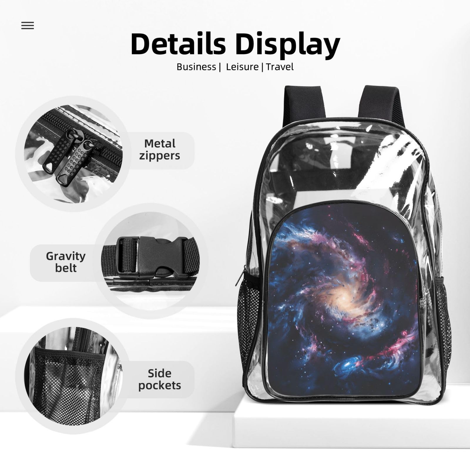 Galaxy Print - Zaino trasparente per scuola, viaggi, viaggi, viaggi, viaggi, viaggi, viaggi, concerti, 3 pezzi