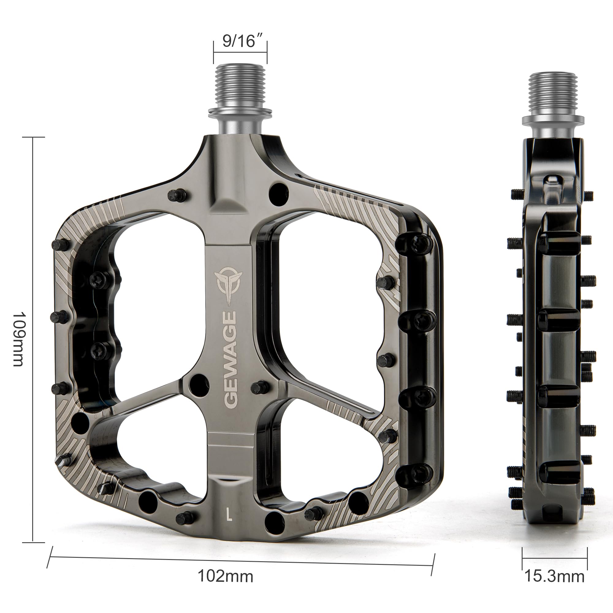 GEWAGE Pedały Rowerowe MTB CNC z Aluminium, Oś ze Stali Chromowanej, Łożyska Kulowe i Uszczelnienie, Antypoślizgowe Piny, 9/16", do MTB, Gravel, Trekking, Trail i Downhill