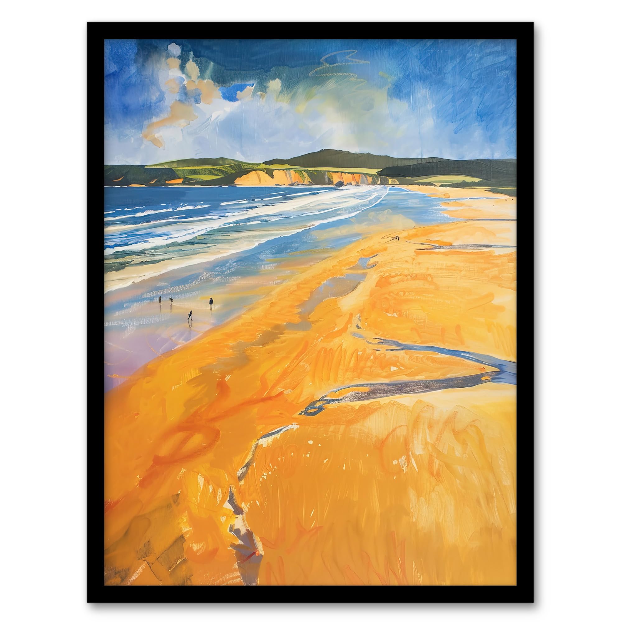 Artery8 Woolacombe Beach Watercolour Seaside Landscape Living Room Artwork Framed Wall Art Print 18X24 Inch