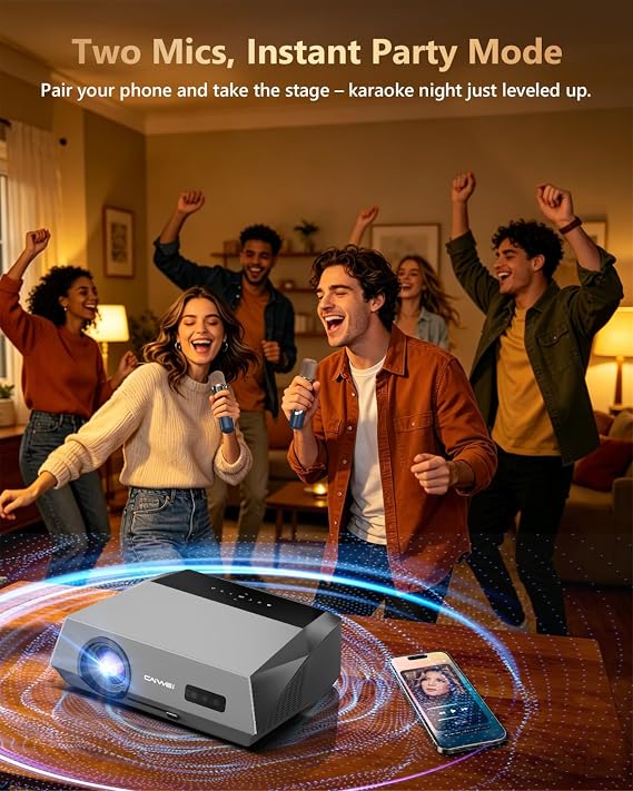 Smart 4K Projector Indoor Daylight Home Theater, Wireless Mics for Karaoke
