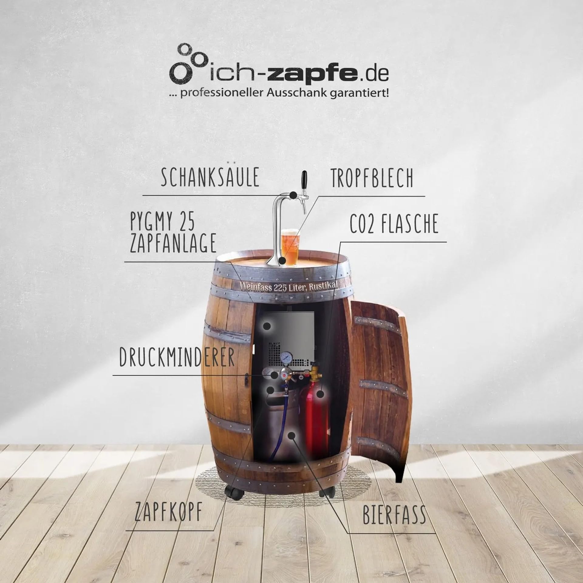 Set Completo impianto spillatura Birra Mobile barrique Pygmy 25 30 l/h con Testa Triangolare, Tipo G, per Birra Fino a 30 l