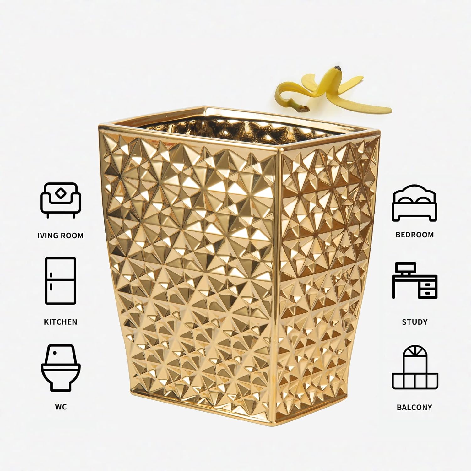 Ceramic Gold Square Garbage Can Kitchen Trash Cans - Wastebasket, Garbage Container Bin for Bathroom, Bedroom, Kitchen, Home Office, and Kids Room, Holds Waste