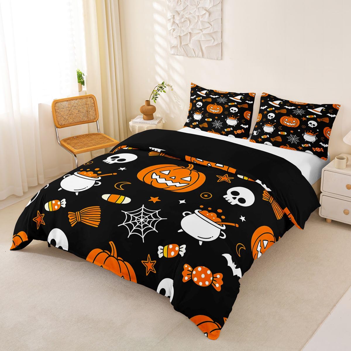 Loussiesd Happy Halloween poszewka na kołdrę super king size uroczy duch dynia kot pajęczyna zestaw pościeli dla chłopców dziewcząt cukrowa czaszka poszewka na kołdrę sypialnia dekoracja 3 szt. zamek