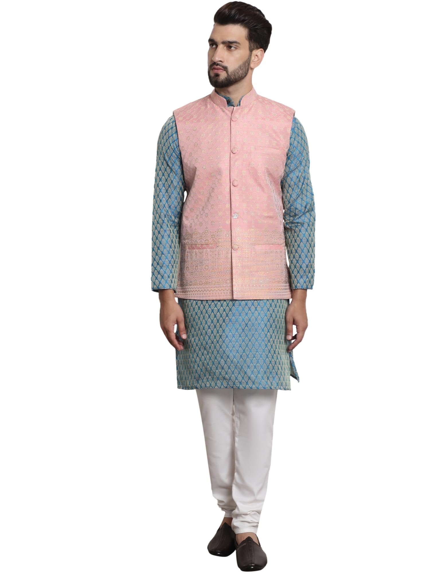 Sojanya (Since 1958 Men's Jacquard Silk Teal Green Kurta And Cream Pyjama With Blue Nehrujacket