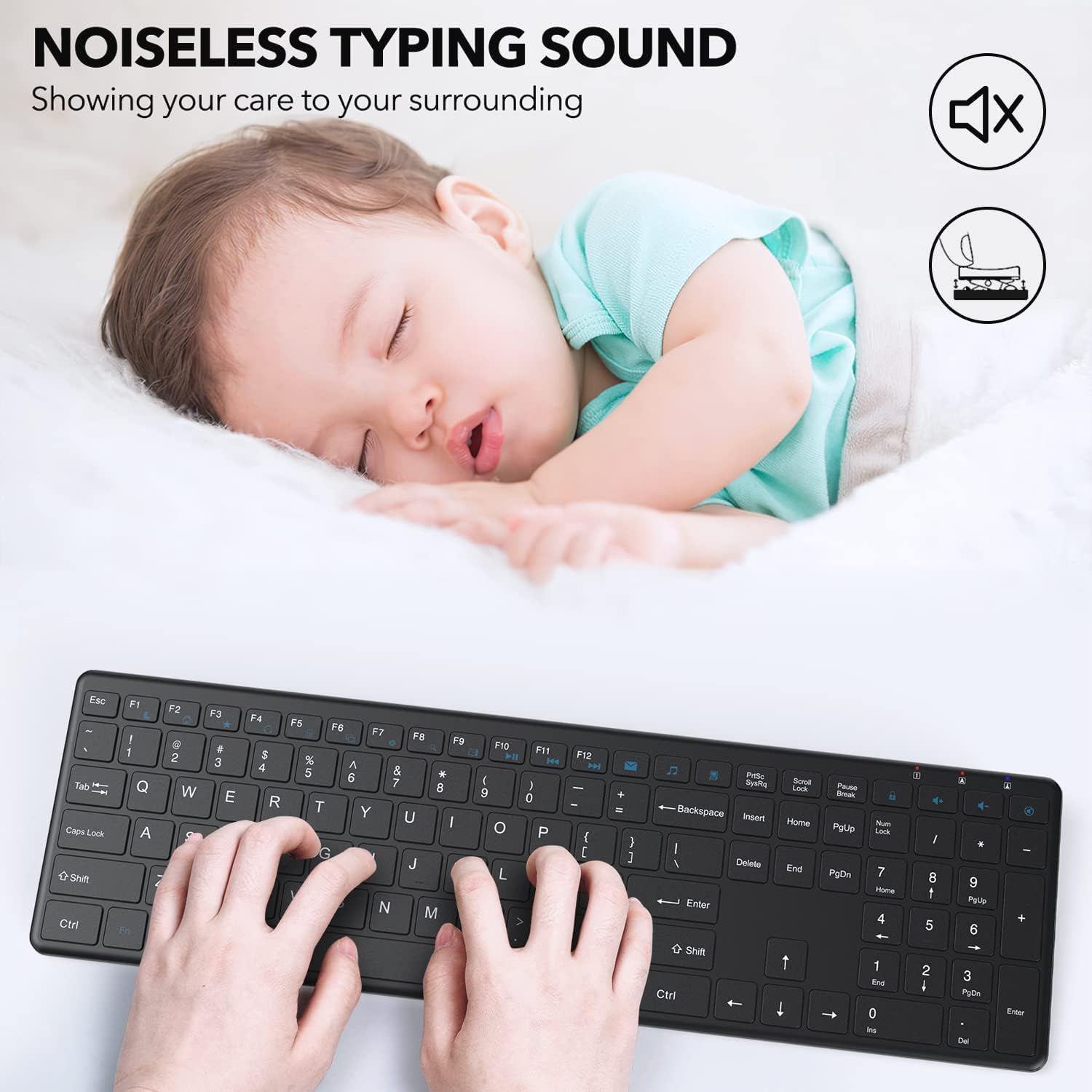 WisFox Rechargeable Wireless Keyboard, USB Ultra Slim Computer Keyboard, Full Size Silent Keyboard for Laptop, Computer and Desktop, Surface, Mac and Windows