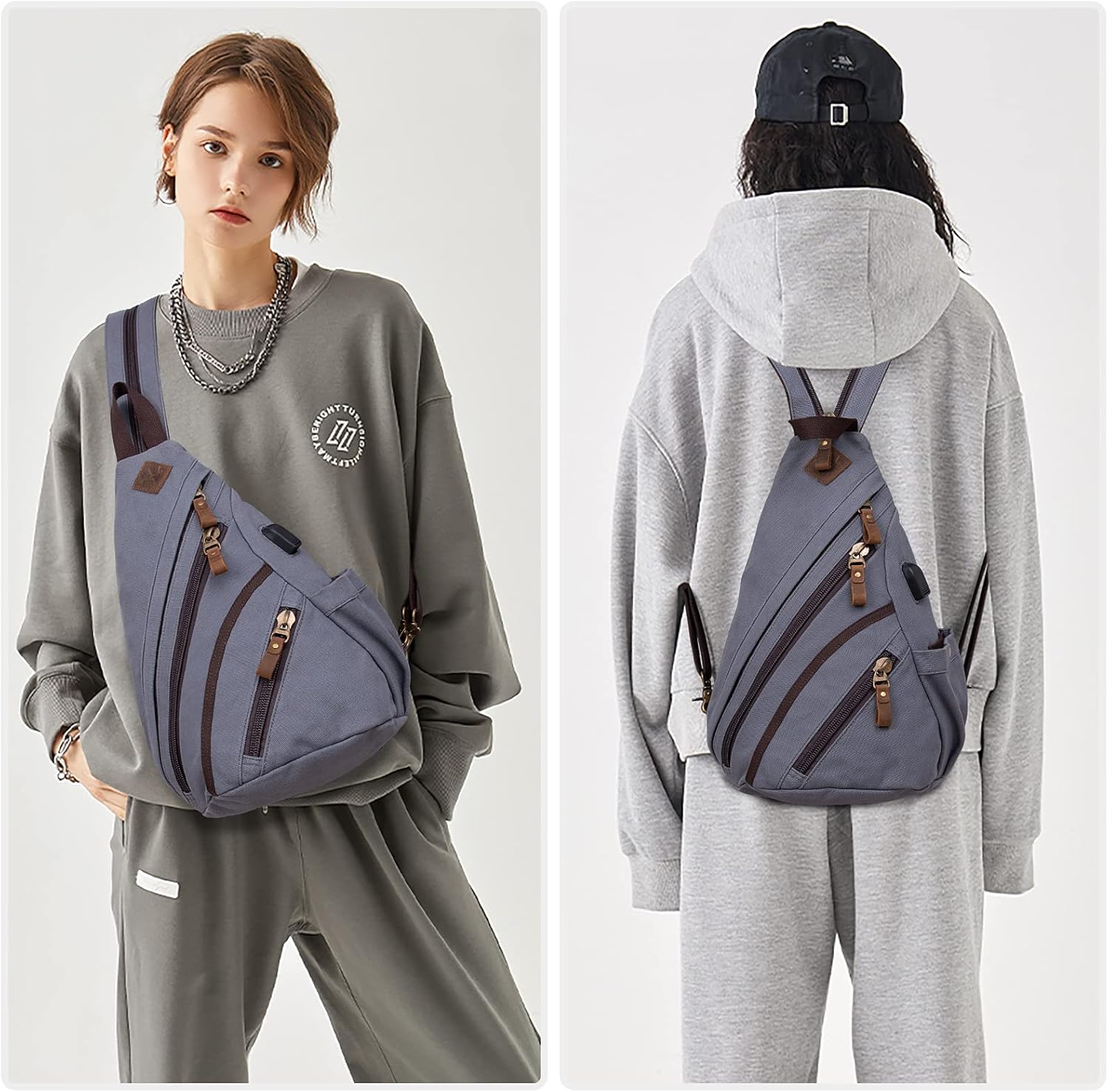 DAVIDNILE Canvas Sling Bag Crossbody Backpack Genuine Leather Shoulder Bag Casual Daypacks For Men 0068-ash