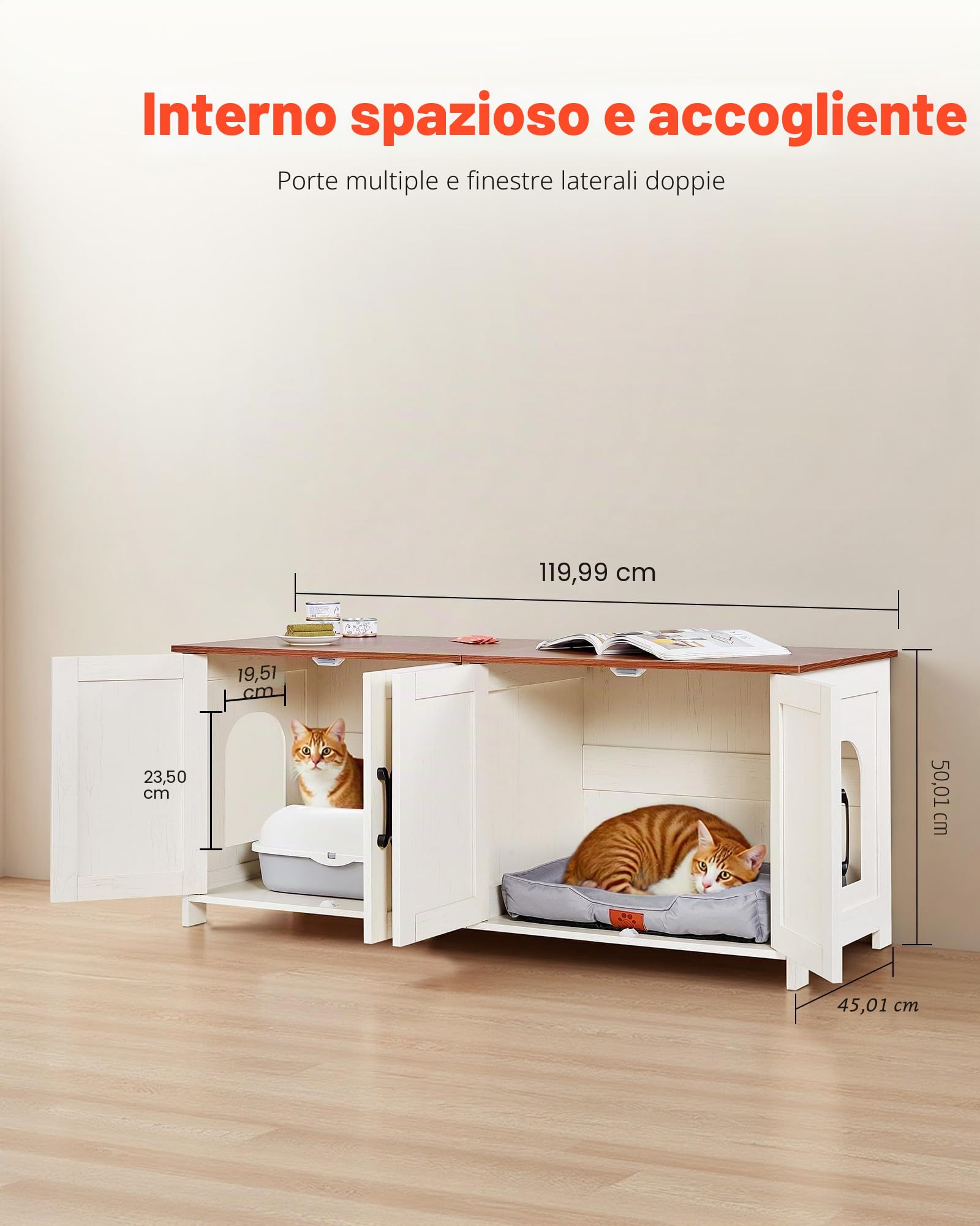 VEVOR Mobile Lettiera per Gatti, Mobiletto Nascosto da 1200 mm con 4 Porte e 2 Ingressi, Mobile da Lettiera in Legno per Gatti, Adatto alla Maggior Parte delle Lettiere, Marrone e Bianco