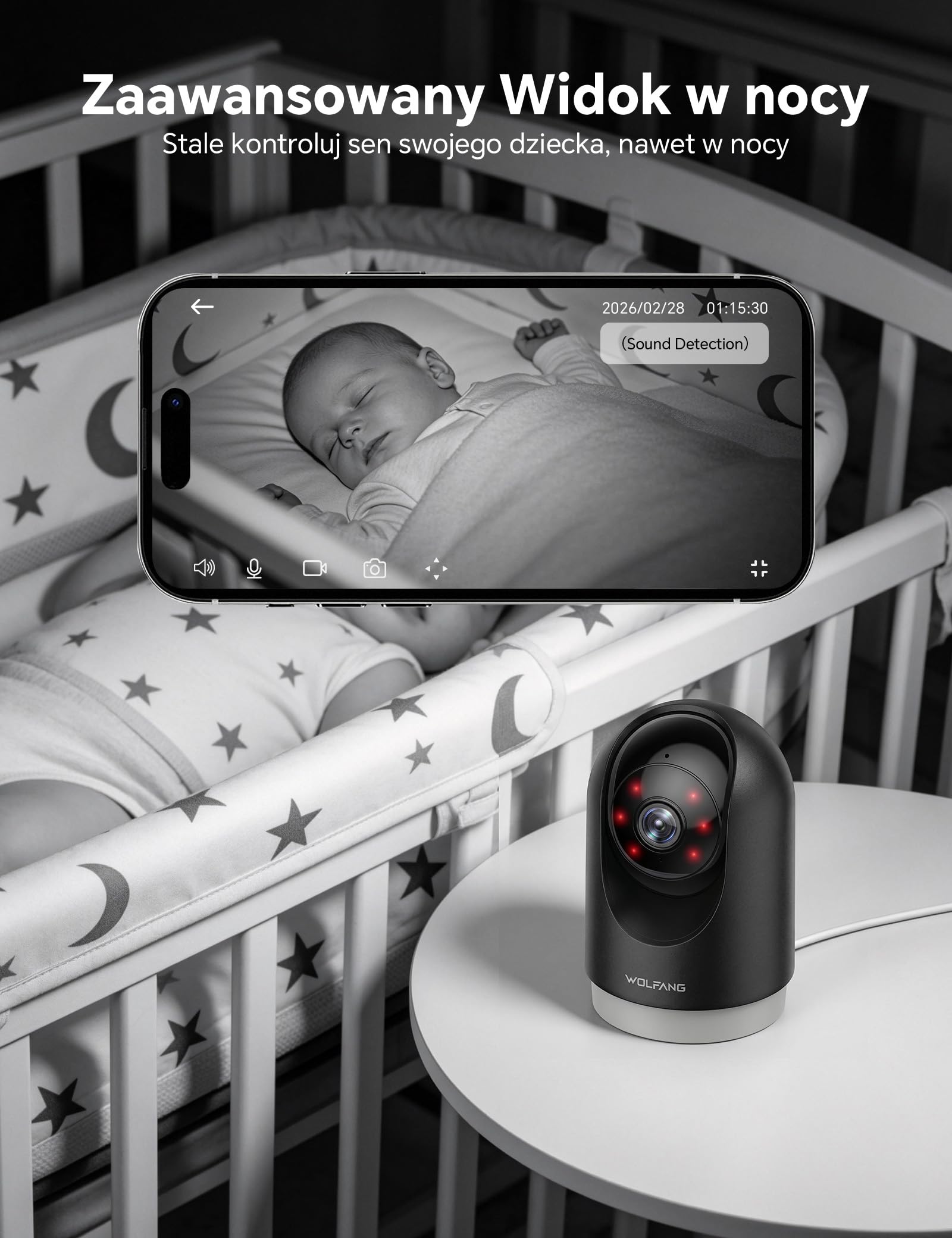 WOLFANG Kamera Wewnętrzna 2K, Kamera WiFi do Domu z Funkcją Obrotu 360° PTZ, Automatycznym Śledzeniem i Trybem Nocnym, Kamera dla Psa z Dwukierunkowym Audio, Kompatybilna z Alexa