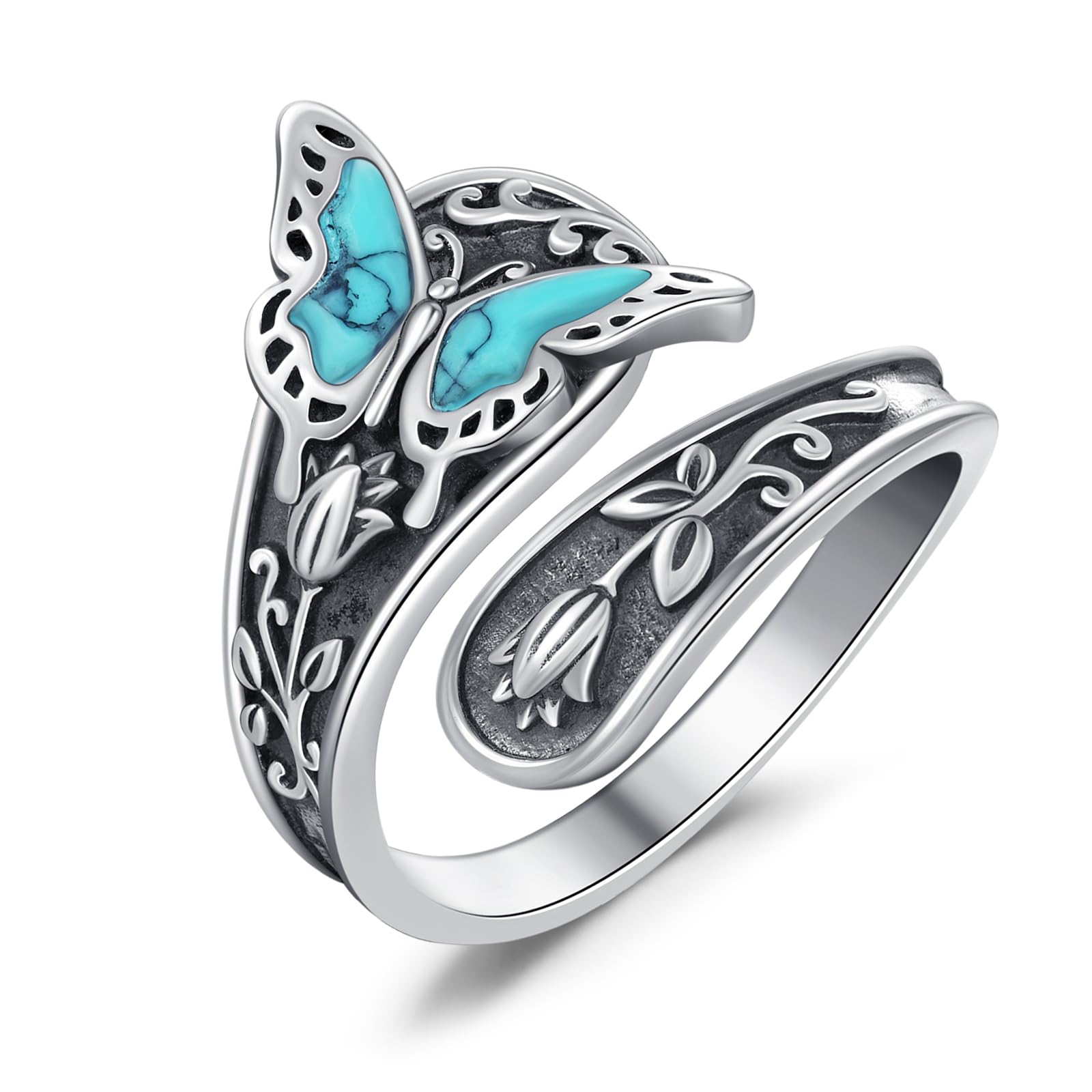 Eusense Plata Esterlina Anillos Turquesa Para las Mujeres Vintage Ajustable Girasol/Pluma/Libélula/Mariposa Cuchara Anillos Boho Antiguo Declaración Anillo Joyería Regalos