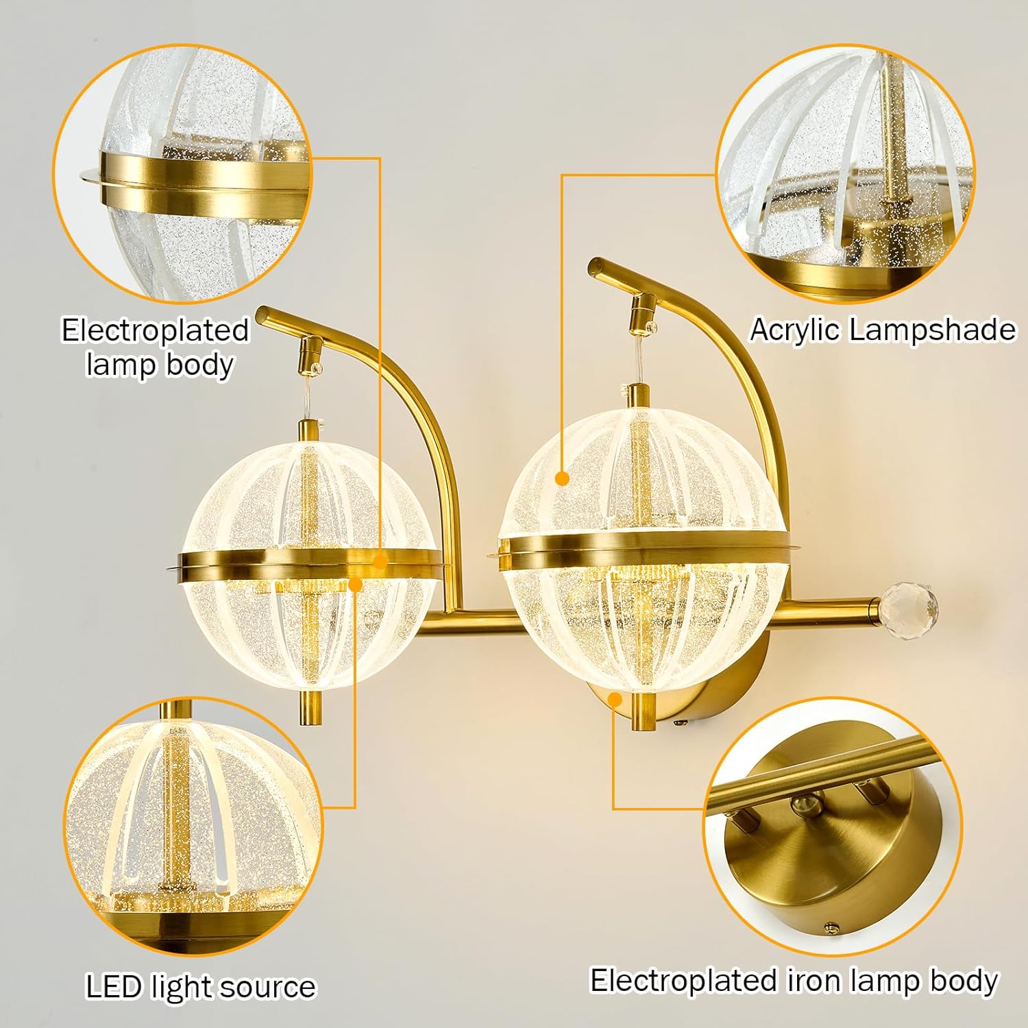 UOFUS 24W Gold Bathroom Light Fixtures Modern LED Vanity Light with Globe Acrylic LampShade 2 Lights Mid Century Wall Sconces Indoor Vanity Lights Over Mirror for Bedroom Hallway Entryway