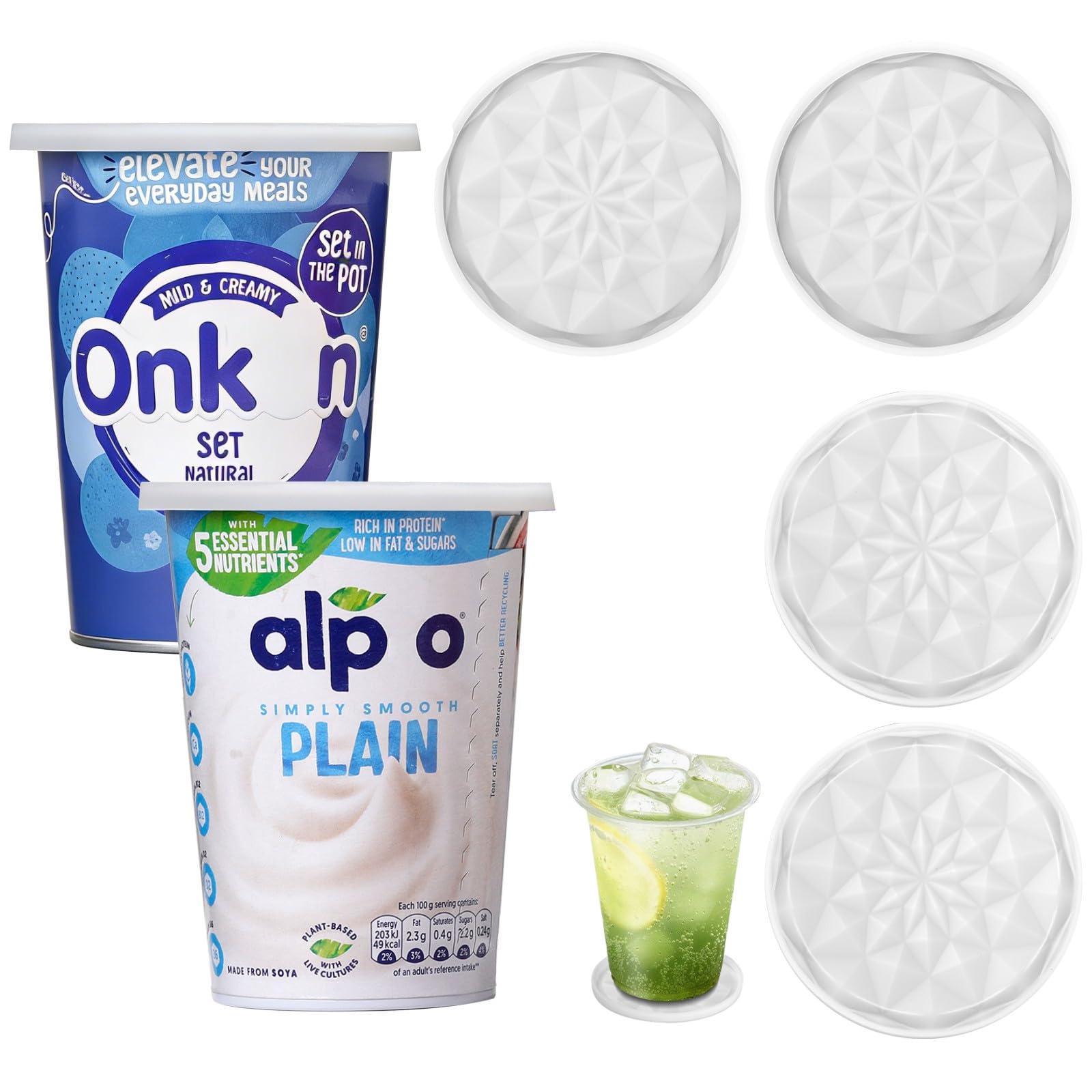 Joghurt Deckel 500g, Wiederverwendbare Silikondeckel Joghurtbecher, Großer Silikon Deckel, Wendbar Zur Verwendung Als Untersetzer, Geeignet Für Becherdeckel, Untersetzer (4, Transparentes Weiß)