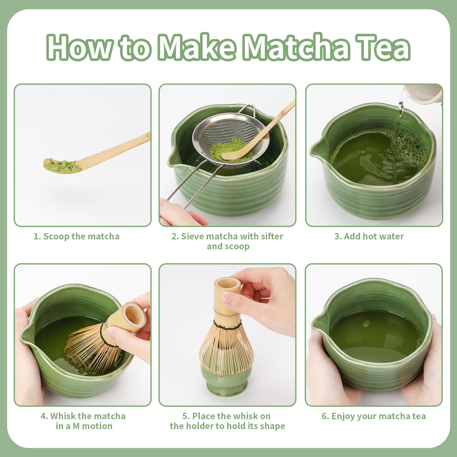 5 Stück Matcha Set mit Matcha Besen, Porzellan Matcha Schale und Besenhalte, Sieb und Löffel, Geschenk für Matcha-Liebhaber, Grün