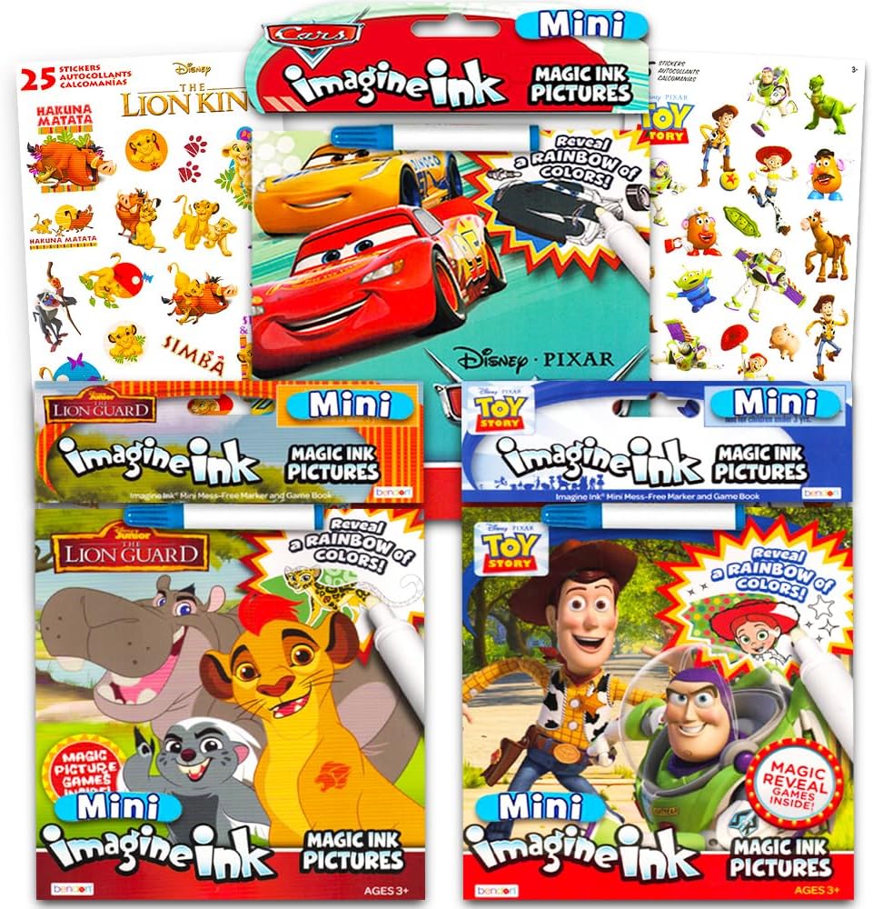 Disney Pixar Magic Ink Coloring Book Super Set - 3 Imagine Ink Books Featuring Toy Story, Lion Guard, Disney Cars with Invisible Ink Pens and Stickers