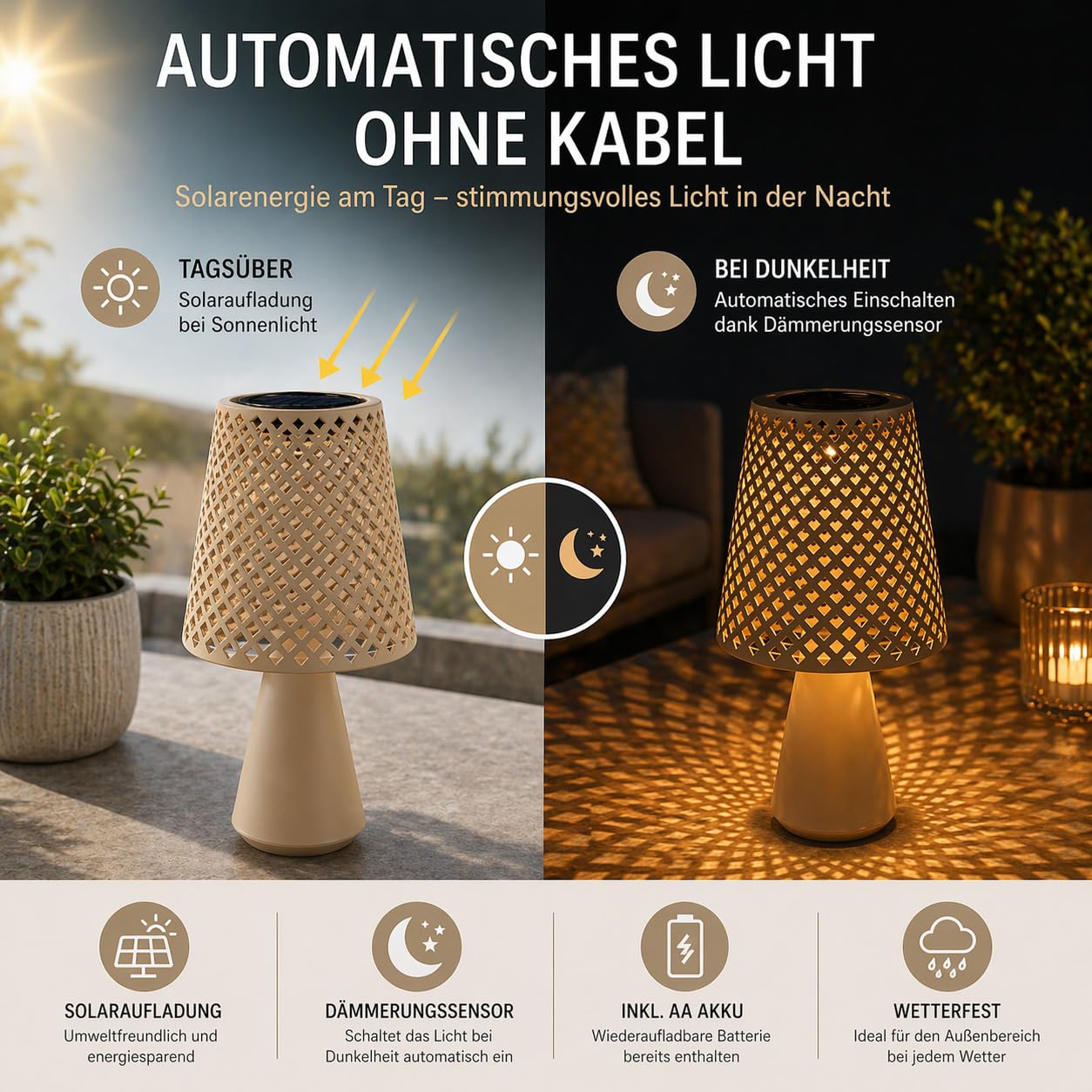 formano Solarleuchten Outdoor 3er Set Solar Tischlampen für Garten Terrasse Balkon LED Solarlampen mit Metallschirm in Beige Grün Braun 18x38 cm, inkl. AA Akku, wetterfest für Außen