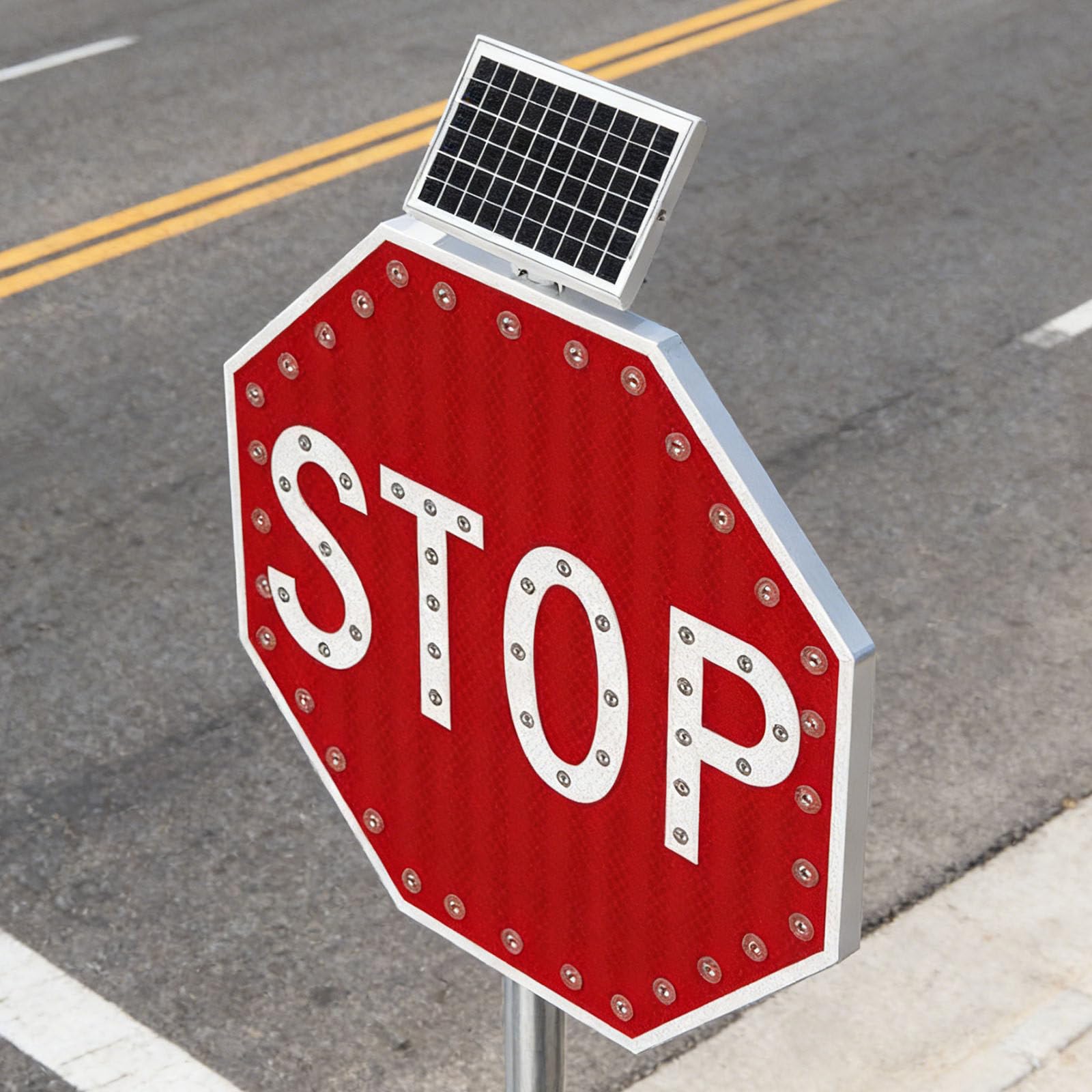 Señal de Stop Solar Parpadeante 60×60cm con LED, Señal de Tráfico de Aluminio de Larga Duración, Resistente a la Intemperie para Seguridad Vial y Zonas de Obra