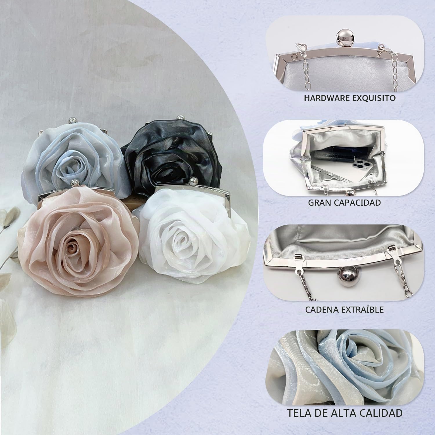 Pahajim Bolso Fiesta Mujer Bolso Boda de Flores Clutch Bag Saten Cartera de Mano Pequeño Bolsos de Noche para Invitada Novia Ceremonia Banquete