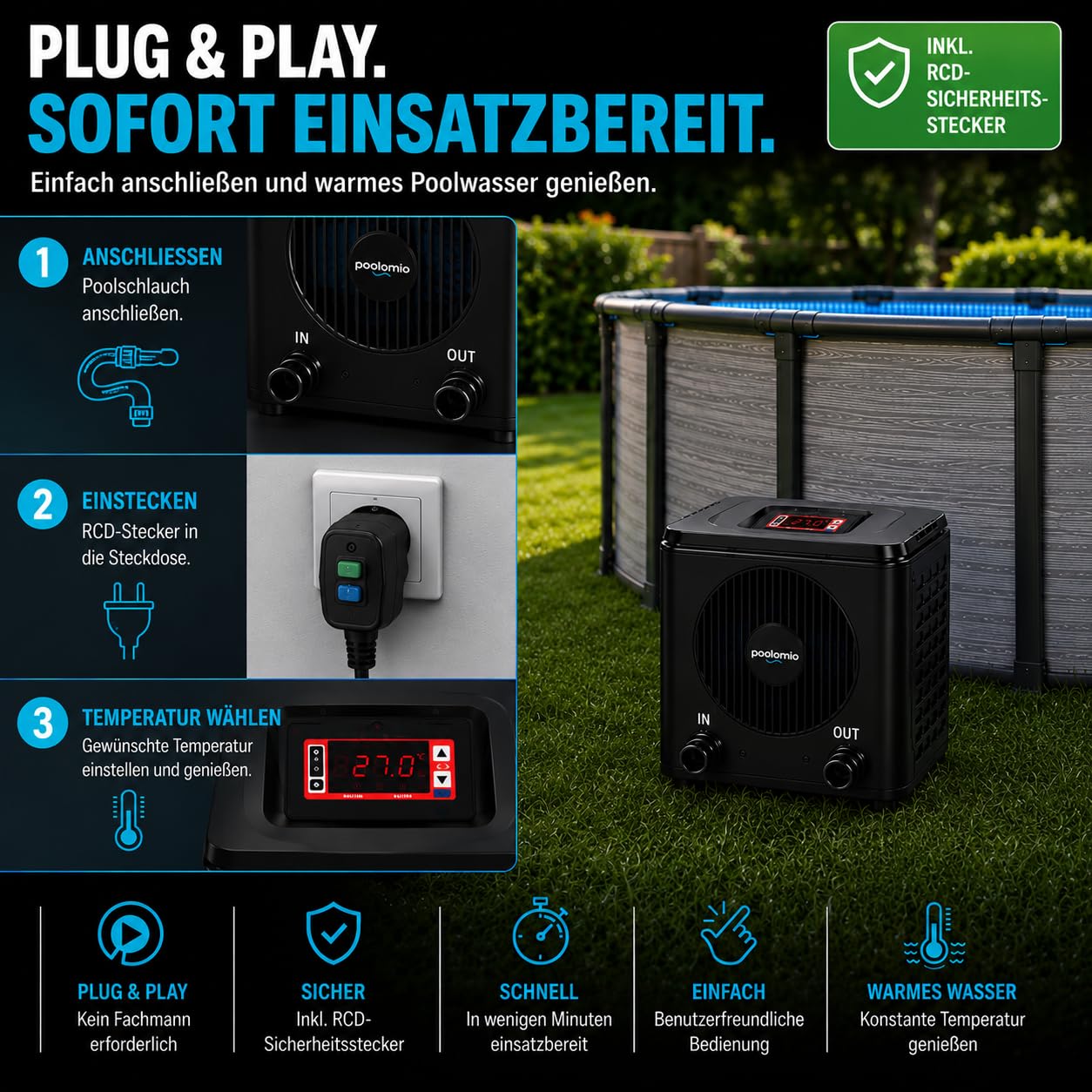 poolomio® Mini Pompe à Chaleur pour Piscine 3,75 KW avec contrôle par Application WiFi - Chauffage Efficace de Piscine COP 4,84 pour piscines Hors-Sol et Petites piscines jusqu'à 15 000 litres