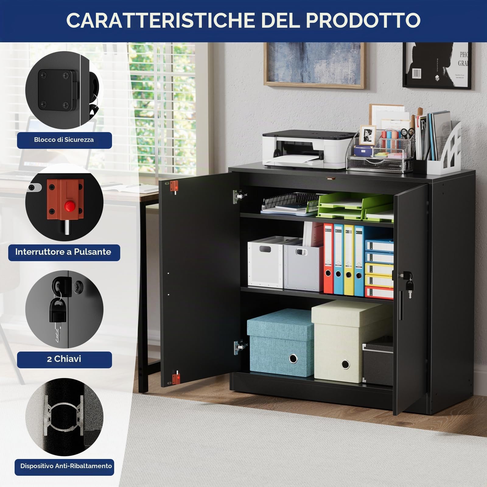 buybyroom Schedario da Ufficio, Armadio Ufficio Multiuso con Serratura Chiave, Ripiani Regolabile e Due Ante, Armadietto Salvaspazio Mobiletto per Cucina Soggiorno Officina Credenza Stampante, Nero