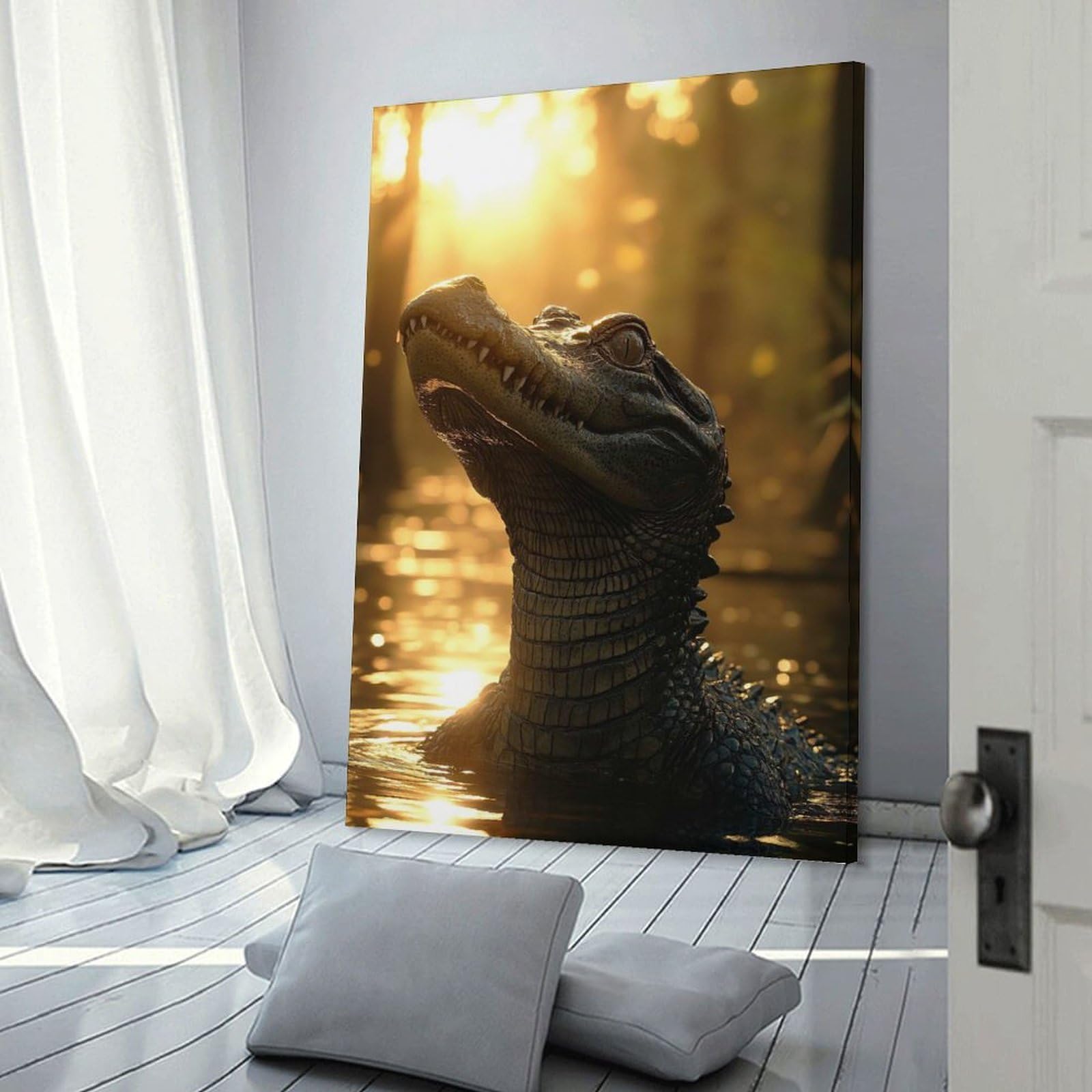 Junmoney Frame-Style-20 Wall Picture Print Alligator In Golden Light, 20X30inch(50X75cm), For Contemporary Homes, Apartments Or Offices, Decorative Canvas Decor For Home Updates