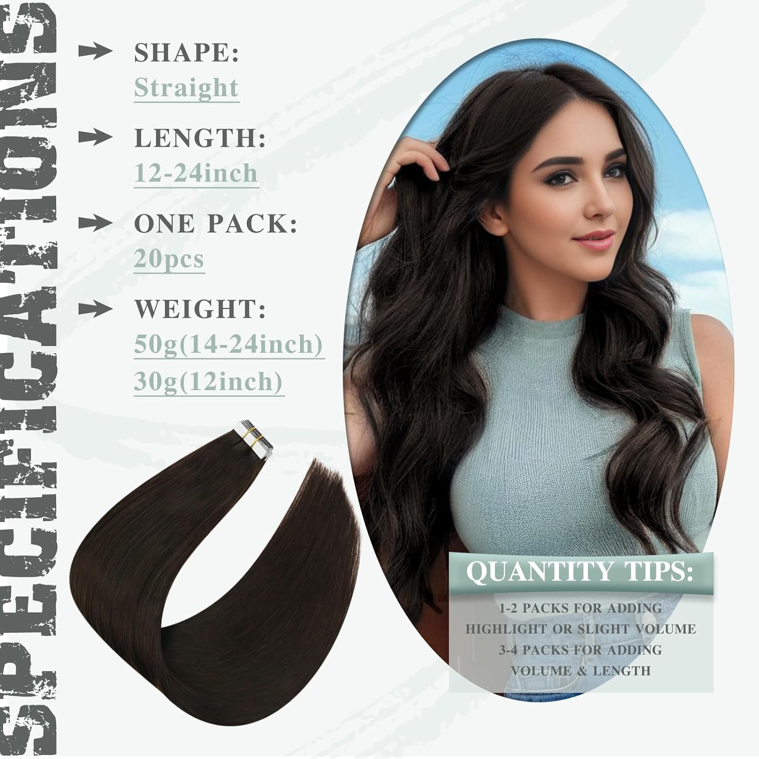 Ve Sunny Tape in Hair Extensions Real Human Hair Invisible Remy Human Hair Straight Tape Ins Double Sided Darkest Brown 16 inch 20Pcs 50G