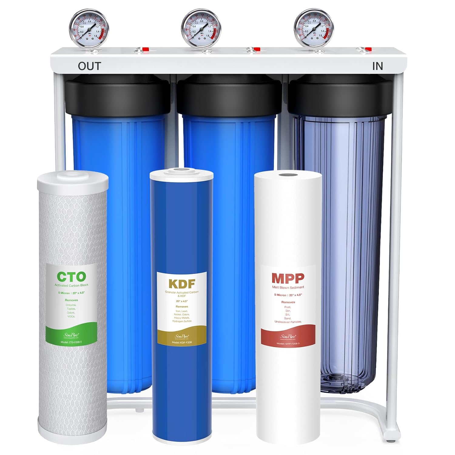 SimPure Whole House Water Filter System, 3 Stages Clear Home Water Pre-Filtration with Carbon Sediment and KDF Filters, Reduce Iron, Chlorine, Manganese...(DB20P-3KDF)