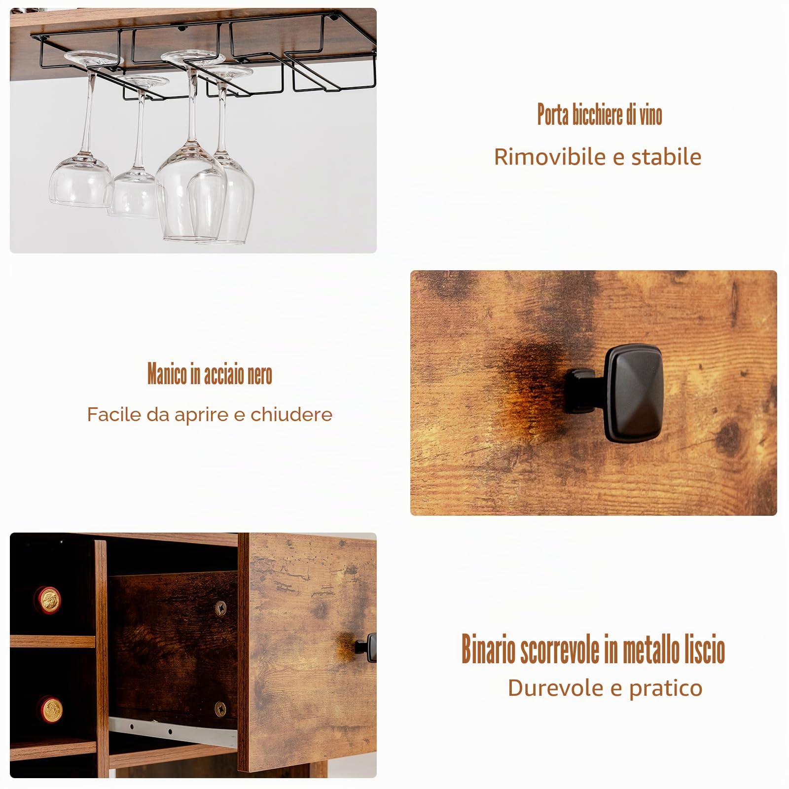 KOMFOTTEU Credenza da Cucina per Vino, Mobile Bar con Ripiani a 3 Livelli, 18 Portabottiglie, Portabicchieri, Mobile Portabottiglie con Cassetto per Sala da Pranzo, Soggiorno, Marrone, 74 x 40 x 160cm