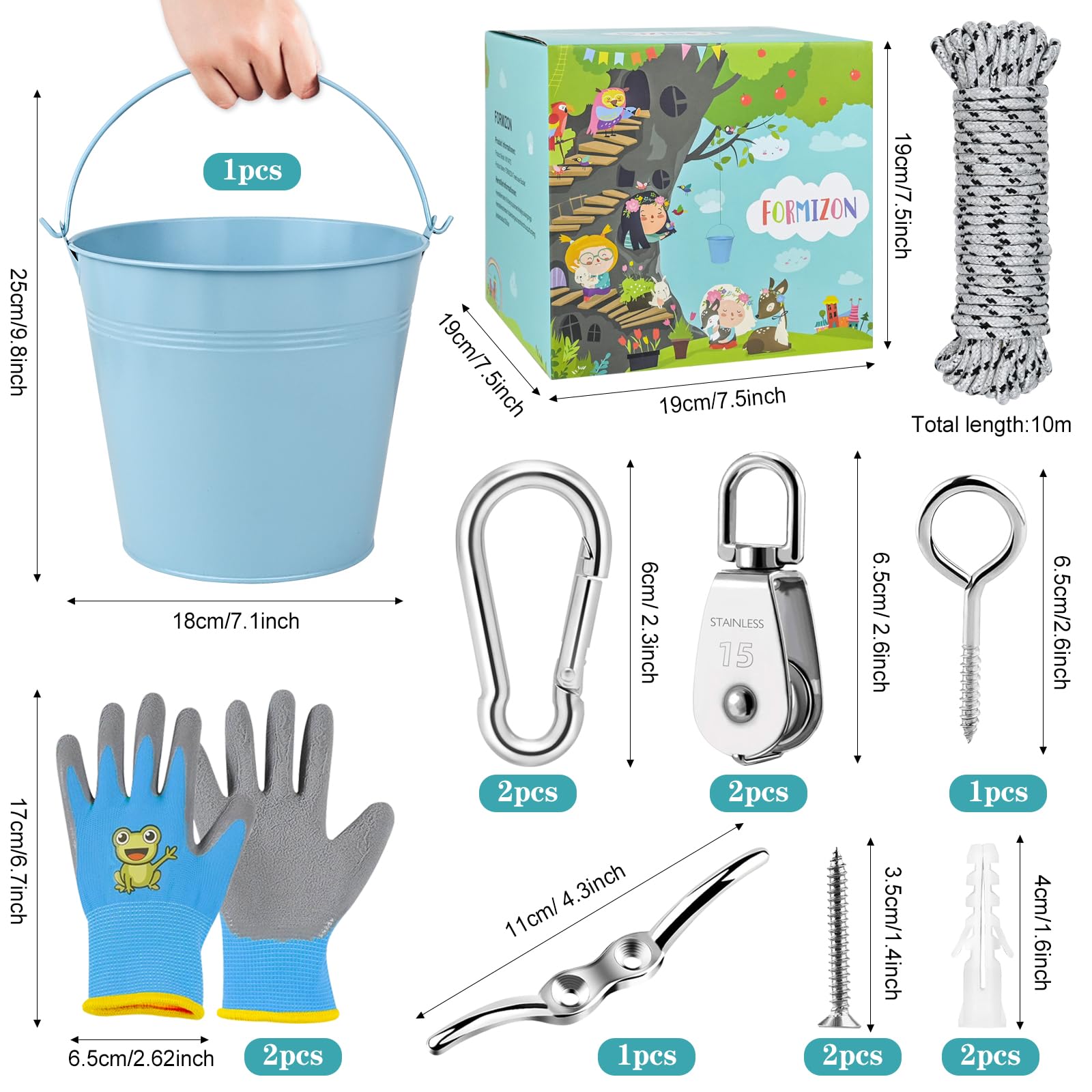 FORMIZON Poulie Enfants, Poulie avec Seau en Métal, Système de Poulie pour Enfants et Seau Pliable, Accessoires pour Cabane dans Les Arbres et Tour de Jeu, Jouets de Jardin pour Enfants de 3+ (Bleu)