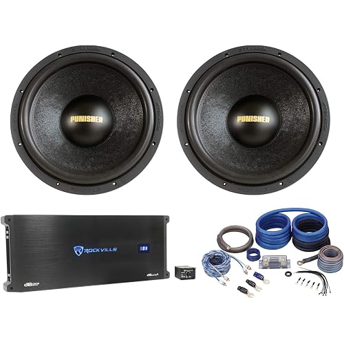 Rockville Punisher 15D1 Bundle: (2) 15 in 6000W Peak/ 1500W RMS Competition Car Subwoofers, dBcomp4 3000W RMS Mono Amplifier, RWK0CU 0 AWG Complete Amp Installation Kit, 4-Items