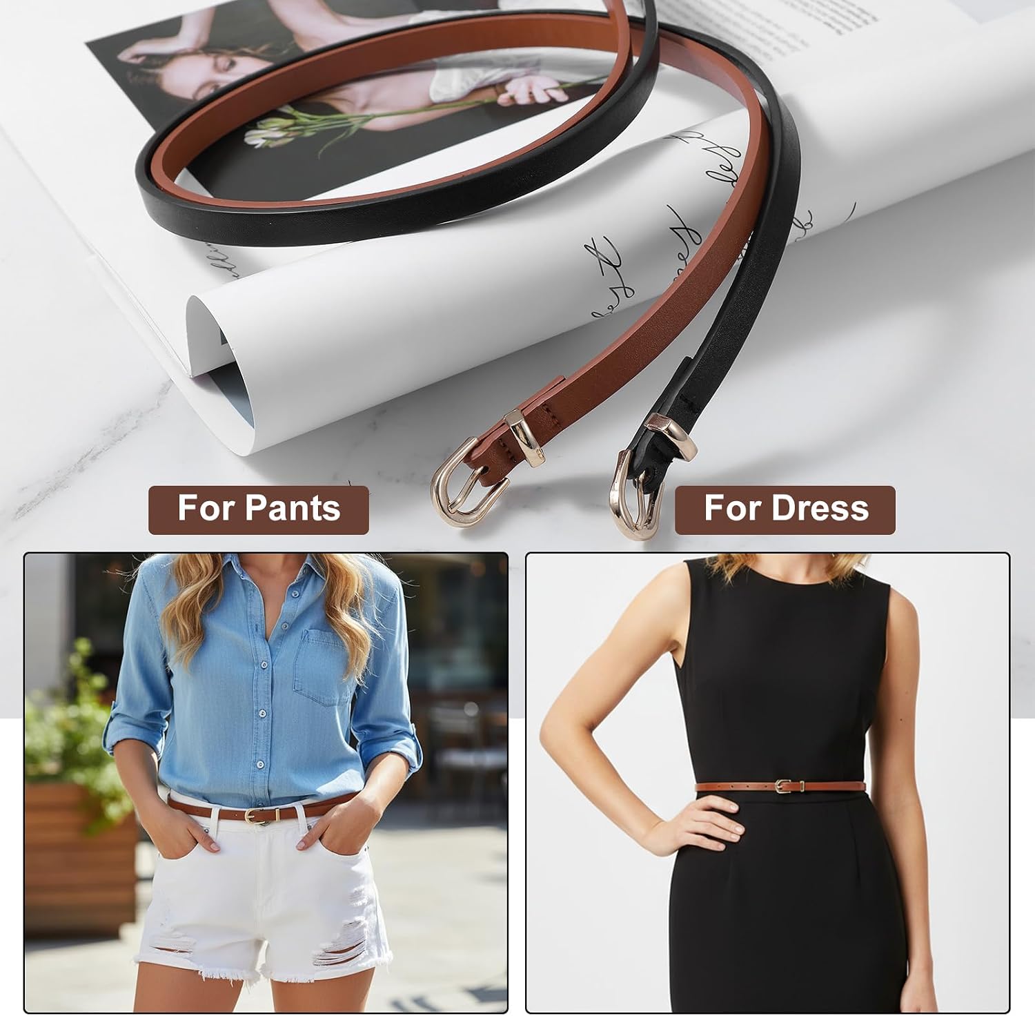 Xindojuz 2 Pack Skinny Belt Women, Thin Brown Leather Belts for Women Jeans Dress Pants Fashion Thin Faux Leather Waist Belt with Gold Buckle, 41.34"/105 cm (Brown & Black) image 5