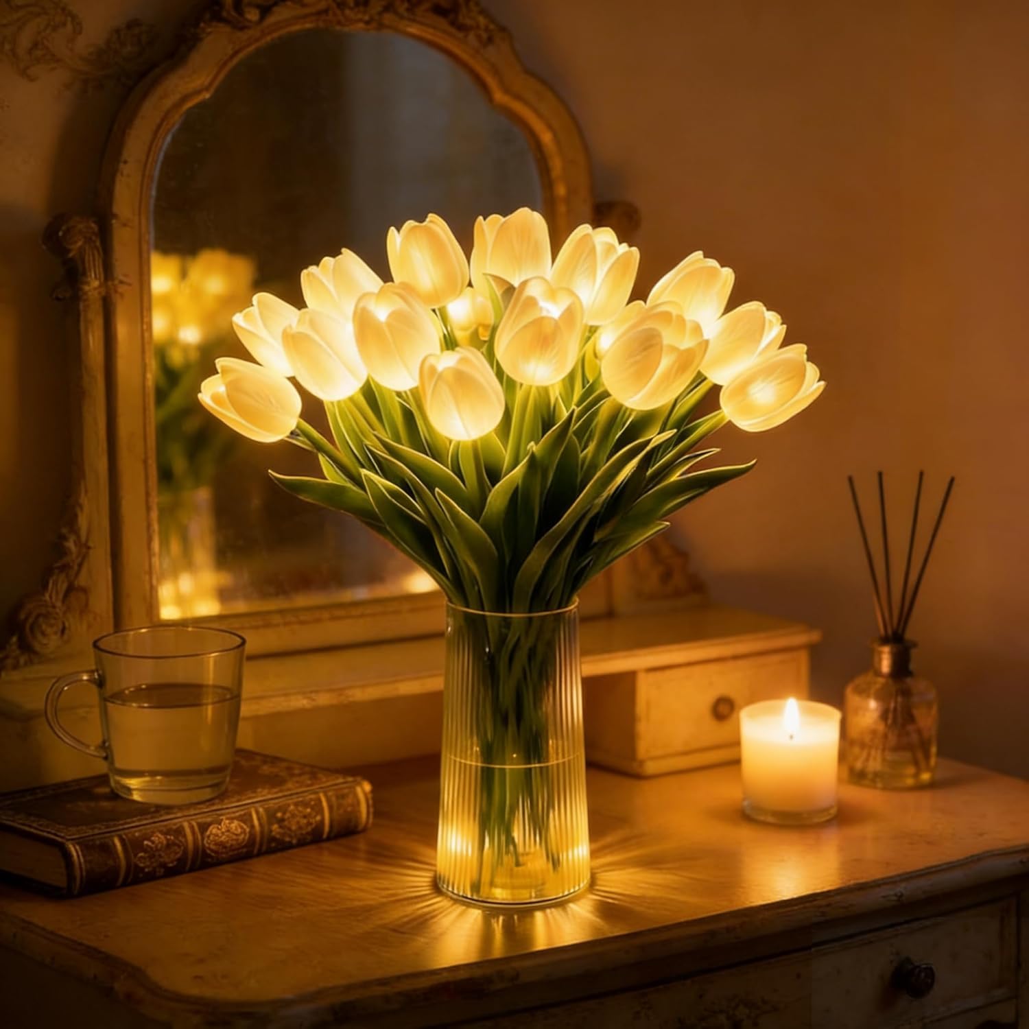 Aukojoy Radiant Romantic Tulip Light with a Vase, 15 PCS Twinkling Led Tulips that Never Fade, Flower Shaped Ambient Night Lamp for Bedroom Bedside Decor & Gift