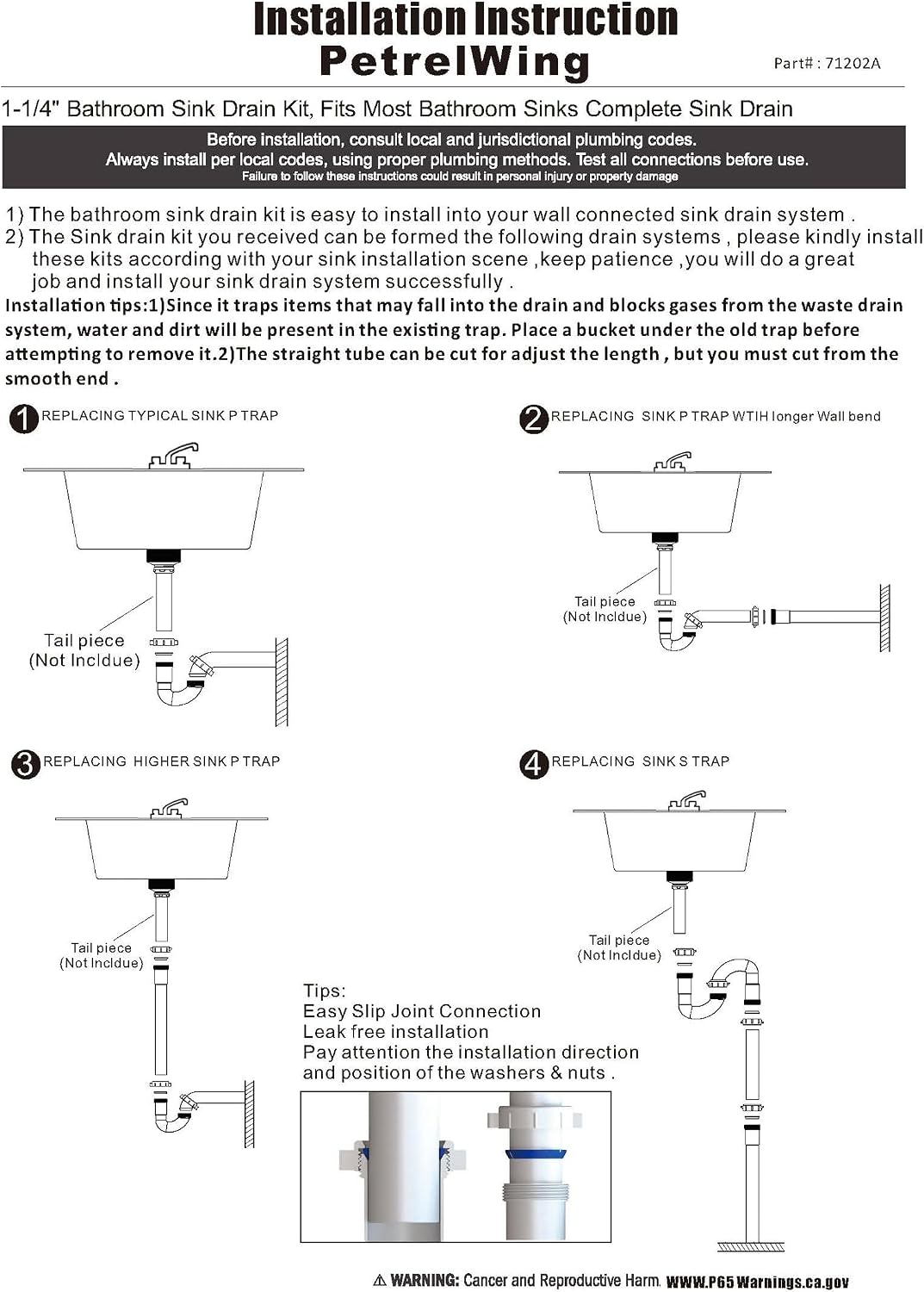 Bathroom Sink Drain Kit, for Most 1-1/4” Kitchen or Bathroom Sinks Drain Repair,1-1/4” P Trap or S Trap Plumbing Sink Repair Kit