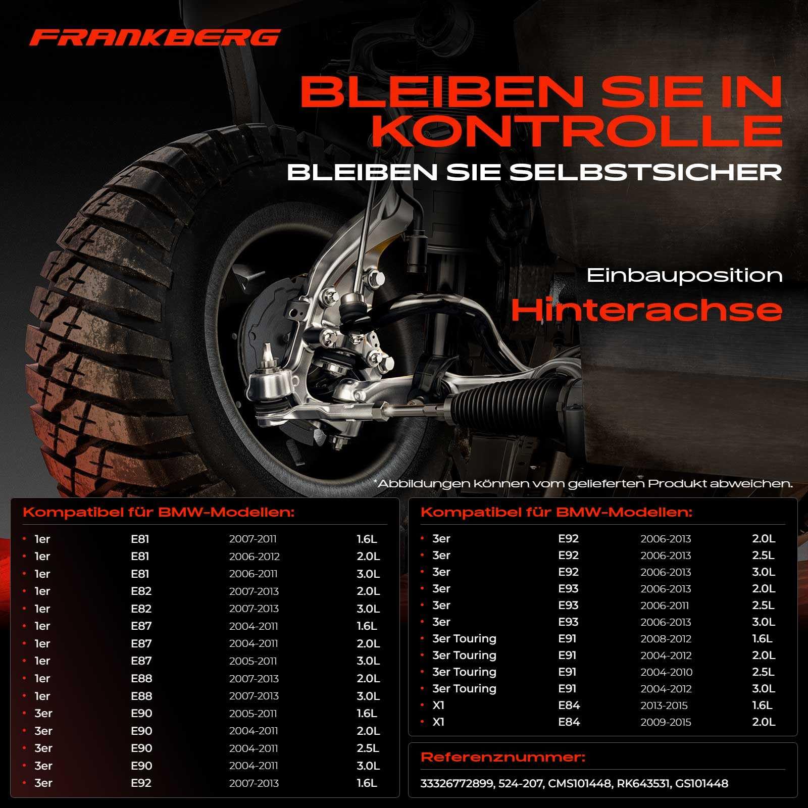 Frankberg 1 x wahacz na kierownicę, oś tylna, lewa lub prawa, kompatybilna z 1 E81 116-123 1,6L-2,0 l 2006-2012, seria 3 E90 316-335, 1,6L-3,0 l, 2004-2011, X1, E84, 1,6L-3,0 l 009-2015 Replace#