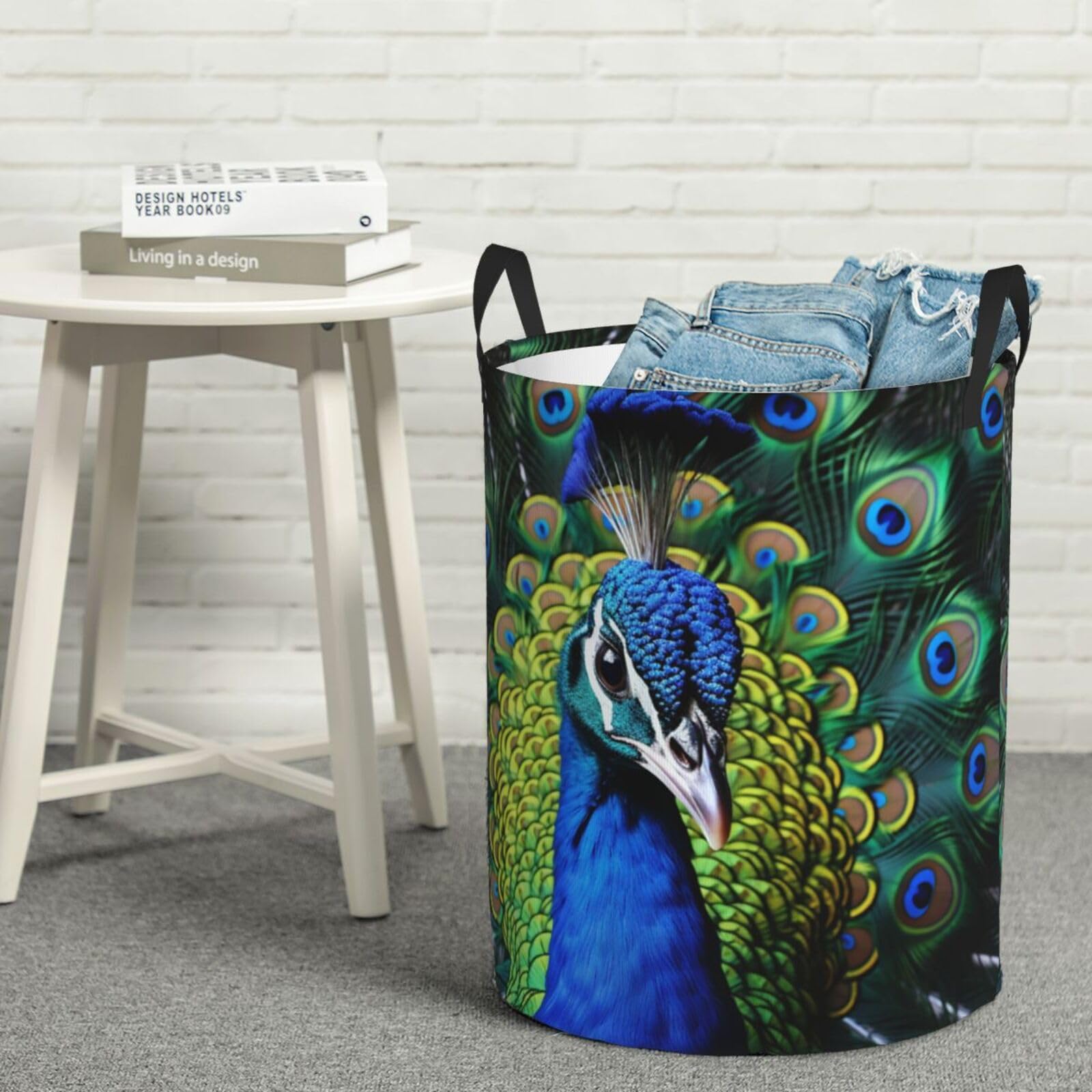 Fodpand Black Blue Peacock Laundry Basket With Handle, Freestanding Laundry Hamper, Collapsible Dirty Clothes Hamper, Waterproof Fabric Blanket Storage Basket Tall Toy Storage Bin Room Decor Small